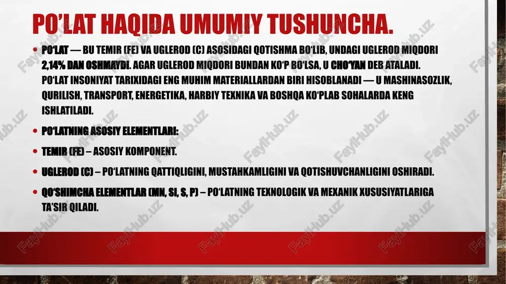 oson. (masalan: 45, 50) 3. sifatli po‘latlar – deyarli iflosliklardan tozalangan, asbobsozlikda ishlatiladi. (masalan: u8, u10, u12) c) ishlatilishiga ko‘ra: 1.konstruktsion po‘latlar – mashina detallari, qurilish qismlarida ishlatiladi. 2.asbobsozlik po‘latlari – arralar, pichoqlar, matritsalar uchun. 3.maxsus maqsadli po‘latlar – prujina, sim, kabellar uchun. uglerod miqdorining po’lat xususiyatlariga ta’siri. uglerod miqdori oshgan sari: qattiqlik ➕ oshadi mustahkamlik ➕ oshadi egiluvchanlik ➖ kamayadi payvandlanish qobiliyati ➖ yomonlashadi ishlov berish osonligi ➖ kamayadi demak, har bir soha uchun kerakli po‘lat turi tanlanadi. masalan: kam uglerodli – egiluvchan detallar uchun yuqori uglerodli – kesuvchi asboblar uchun uglerodli po’latlarning markalanishi. o‘zbekiston va mdh davlatlarida po‘latlar gost tizimi 1) oddiy sifatli uglerodli po‘latlar: belgisi st harflari bilan boshlanadi. masalan: st0, st1, st2, st3, st4, st5, st6 uglerod miqdori ortgan sari po‘lat qattiqlashadi. 2) yaxshi sifatli konstruktsion po‘latlar: raqam po‘latdagi uglerod miqdorini yuz mingdan bir ulushda bildiradi. masalan: 20 → 0,20% c 45 → 0,45% c 60 …