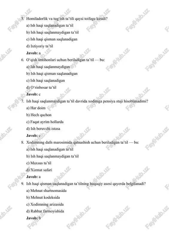 kasaba uyushmasi d) vazirlik javob: b 2. xodimning oilaviy sabablarga ko‘ra ta’tilda bo‘lishi — bu: a) ish haqi saqlanmaydigan ta’til b) to‘liq haq to‘lanadigan ta’til c) ish haqi qisman saqlanadigan d) ijtimoiy ta’til javob: a 3. ish haqi qisman saqlanadigan ta’til odatda kimlarga beriladi? a) talabalarga b) nogironlarga c) shartnomaviy xodimlarga d) pensiya yoshidagilarga javob: a 4. ish haqi saqlanadigan ta’tilning maqsadi: a) dam olish va mehnat qobiliyatini tiklash b) ishdan ozod qilish c) ish vaqtini qisqartirish d) maoshni kamaytirish javob: a 5. ish haqi saqlanmaydigan ta’til berish uchun nima talab qilinadi? a) xodimning yozma arizasi b) guvohnoma c) kasaba uyushmasi roziligi d) soliq idorasi xati javob: a 6. xodimning to‘y marosimi uchun beriladigan ta’til — bu: a) ish haqi saqlanadigan b) ish haqi saqlanmaydigan c) qisman saqlanadigan d) o‘quv ta’tili javob: b 7. ish haqi qisman saqlanadigan ta’til davomida xodimga nima to‘lanadi? a) ish haqining bir qismi b) to‘liq …