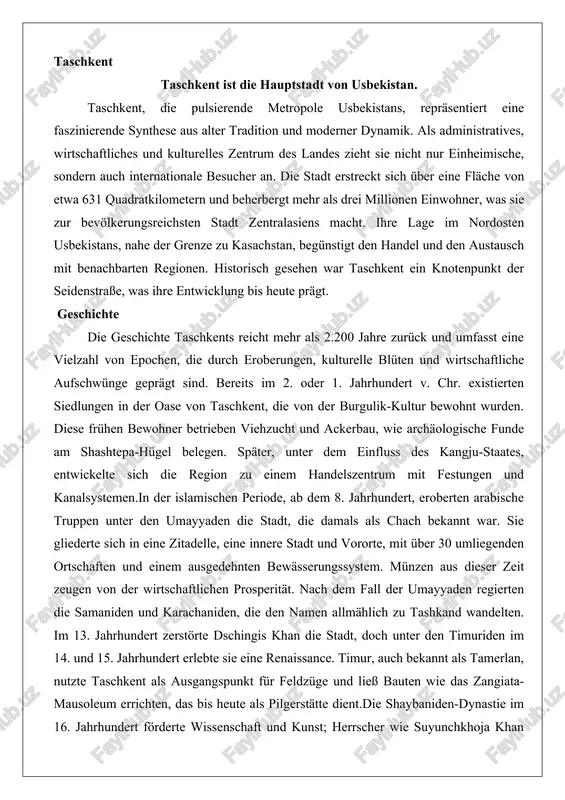 törte dschingis khan die stadt, doch unter den timuriden im 14. und 15. jahrhundert erlebte sie eine renaissance. timur, auch bekannt als tamerlan, nutzte taschkent als ausgangspunkt für feldzüge und ließ bauten wie das zangiata-mausoleum errichten, das bis heute als pilgerstätte dient.die shaybaniden-dynastie im 16. jahrhundert förderte wissenschaft und kunst; herrscher wie suyunchkhoja khan unterstützten gelehrte. später fiel die stadt unter kasachische herrschaft, bevor sie 1809 vom khanat kokand annektiert wurde. zu dieser zeit zählte taschkent rund 100.000 einwohner und war ein reiches handelszentrum, umgeben von einer mauer und einem graben. die russische eroberung 1865 durch general mikhail chernyayev markierte den beginn der kolonialen ära. als hauptstadt von russisch-turkestan wurde eine europäische neustadt errichtet, und die transkaspische eisenbahn verband die stadt 1889 mit dem rest des reiches. während der russischen revolution 1917 etablierte sich ein sowjet in taschkent, der zunächst von russischen arbeitern dominiert wurde. in der sowjetzeit industrialisierte sich …