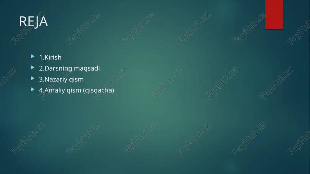 oq xavfsizligini oshirish: turli bo'limlarni mantiqan ajratish va kirish nazoratini yaxshilash broadcast domenini kamaytirish: har bir subnet o'zining broadcast domeni bo'lib, bu tarmoq yukini kamaytiradi tarmoqni boshqarish qulayligi: kichikroq tarmoqlarni boshqarish va nosozliklarni bartaraf etish osonroq tarmoq samaradorligini oshirish: trafik lokallashtirish va tarmoq tiqilinchini kamaytirish geografik yoki funktsional ajratish: turli joylashuvdagi yoki bo'limlardagi qurilmalarni mantiqiy guruhlash 2.4 ip manzil strukturasi ipv4 manzil 32 bitdan iborat bo'lib, odatda to'rtta oktet (8 bitlik qism) ko'rinishida yoziladi: 192.168.1.100 = 11000000.10101000.00000001.01100100 har bir oktet 0 dan 255 gacha qiymat olishi mumkin. ma’lumot uchun: oktet-bu 8 bitlik axborot birligi. ip manzillarda har bir raqam bitta oktetni bildiradi. bu tarmoq texnologiyalarida ma’lumotlarni aniqlik bilan ifodalash uchun ishlatiladi 2.5 subnet mask (tarmoq niqobi) subnet mask ip manzilning qaysi qismi tarmoq identifikatori, qaysi qismi esa host identifikatori ekanligini ko'rsatadi. subnet maskda tarmoq qismiga mos keladigan bitlar "1", host qismiga mos keladigan bitlar esa "0" qiymatiga ega. standart subnet …