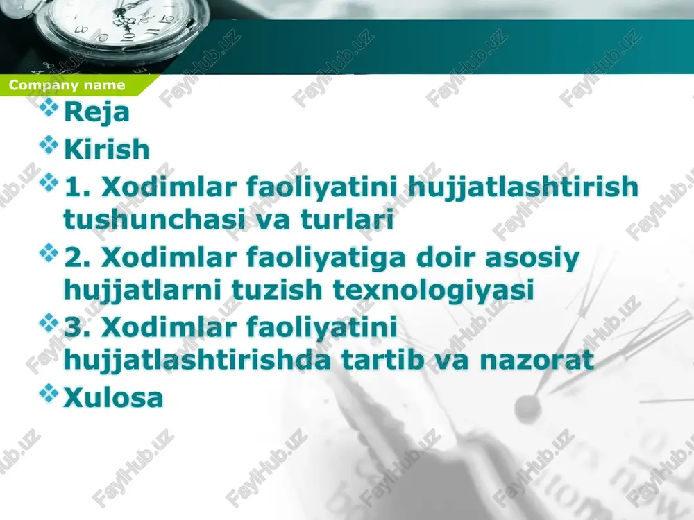 di company name rag‘batlantirish hujjatlari mehnat natijalarini e’tirof etuvchi rasmiy hujjatlar faxriy yorliq, mukofot buyruqlari xodim motivatsiyasini oshiradi intizomiy jazo hujjatlari me’yorbuzarlik bo‘yicha qo‘llanadigan chora hujjatlari hayfsan, ogohlantirish, ishdan bo‘shatish tartib-intizomni mustahkamlaydi hisobotlar xodim faoliyati natijalari aks ettiriladi oylik, choraklik hisobotlar ish samaradorligini baholaydi xodimlarni o‘qitish hujjatlari malaka oshirish va o‘qitish jarayonini tasdiqlovchi hujjatlar sertifikat, o‘qitish buyruqlari xodim malakasini rivojlantiradi mehnat muhofazasi hujjatlari xavfsizlik bo‘yicha ko‘rsatmalar va qaydlar yo‘riqnoma, instrukta jurnali ish jarayonida xavfsizlikni ta’minlaydi shaxsiy ish papkasi xodimga doir barcha hujjatlar jamlanmasi diplom nusxalari, pasport nusxa, buyruqlar kadrlar bo‘limida asosiy ma’lumotlar bazasi bo‘ladi company name xodimlar faoliyatini hujjatlashtirish tushunchasi va turlari xodimlar faoliyatini hujjatlashtirish – bu har qanday tashkilot yoki korxonada mehnat munosabatlarini tartibga solish, xodimlarning huquq va majburiyatlarini belgilash, mehnat jarayonlarini nazorat qilish va kelajakdagi nizolarni oldini olish uchun zaruriy jarayon. bu tushuncha o'zbekiston respublikasida mehnat huquqining asosiy tamoyillariga asoslanadi va xodimning ishga qabul qilinishidan tortib, ishdan bo'shatilishigacha …
