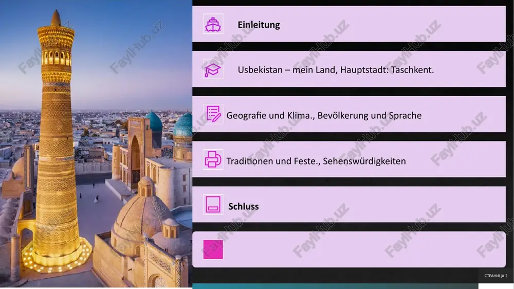 t. 5 geographie und natürliche merkmale usbekistan erstreckt sich über eine fläche von etwa 448.978 quadratkilometern und ist damit eines der größten länder in zentralasien. die landschaft ist äußerst vielfältig: im westen dominiert die wüste kysylkum, eine der größten sandwüsten der welt, die reich an mineralien ist. im osten erheben sich die majestätischen berge des tian shan und des pamir-alai-gebirges, die höhen von über 4.000 metern erreichen und ideale bedingungen für wandern und skifahren bieten. zwei große flüsse durchqueren das land: der syrdarja im norden und der amudarja im süden. diese flüsse sind lebenswichtig für die bewässerung und die landwirtschaft, da sie wasser aus den bergen in die trockenen ebenen leiten. ohne sie wäre die intensive baumwollproduktion, für die usbekistan bekannt ist, unmöglich. stranitsa 6 geschichte die geschichte usbekistans reicht bis in die antike zurück. bereits vor über 2.000 jahren war die region teil der seidenstraße, einer handelsroute, die china …