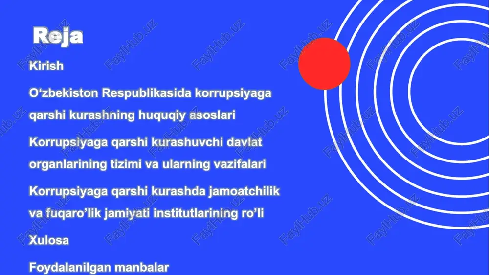 ab turgan hududda korrupsiyaga qarshi chora-tadbirlar qay darajada sezilmoqda? davlat xavfsizlik xizmati (dxx) yuqori xavfli korrupsiya holatlarini aniqlash va bartaraf etish maxsus operatsiyalar, strategik sohalarda nazorat strategik tarmoqlarda shaffoflikni oshirish uchun yana nima qilish kerak? hisob palatasi davlat budjeti mablag‘larining maqsadli sarflanishini nazorat qilish audit, moliyaviy monitoring siz uchun davlat budjeti shaffofligi nimani anglatadi? soliq qo‘mitasi soliq sohasidagi korrupsion holatlarni aniqlash va bartaraf etish inspeksiya, raqamli nazorat tizimlari raqamlashtirish soliq tizimidagi xatarlarni kamaytiradimi? davlat bojxona qo‘mitasi bojxona jarayonlarida korrupsiyani kamaytirish elektron bojxona tizimlari, ichki xavfsizlik bojxona tizimidagi shaffoflikni oshiradigan qaysi choralarni bilasiz? adliya vazirligi normativ hujjatlarda korrupsion omillarni kamaytirish huquqiy ekspertiza, davlat xizmati standartlari huquqiy madaniyatni yuksaltirish korrupsiya kamayishiga qanday ta’sir qiladi? o‘zbekiston respublikasida korrupsiyaga qarshi kurashning huquqiy asoslari o‘zbekiston respublikasida korrupsiyaga qarshi kurashish masalalari davlat hokimiyati va boshqaruvi tizimining muhim tarkibiy qismi hisoblanadi. ushbu yo‘nalishda amalga oshirilayotgan chora-tadbirlar jamiyatning barqaror rivojlanishini ta’minlash, fuqarolarning huquq va erkinliklarini himoya qilish, iqtisodiy …