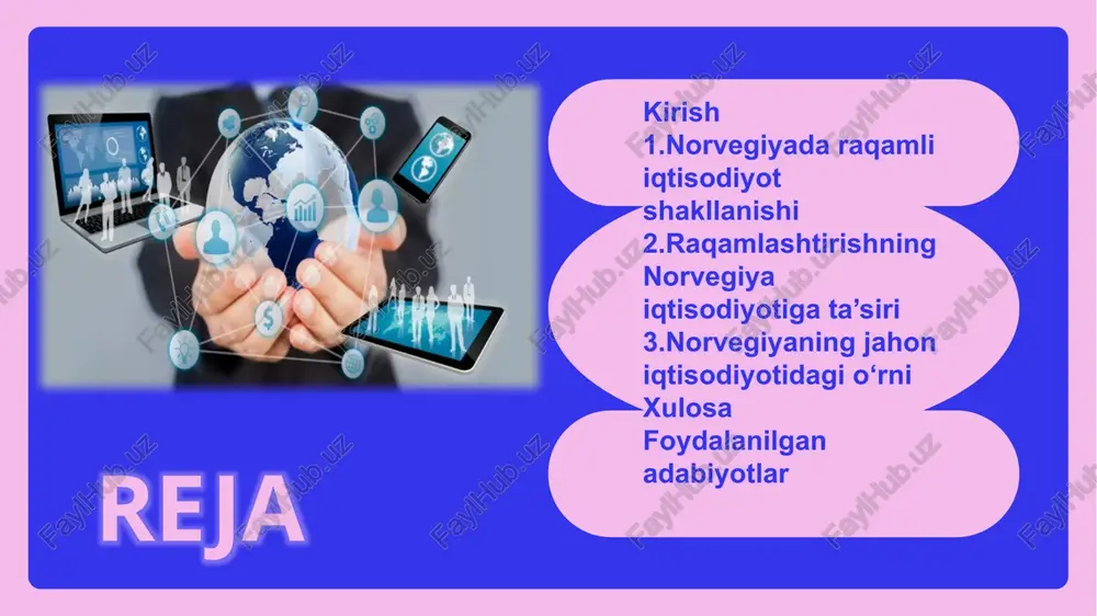 m universitetlari yonidagi texnoparklar faol ishlaydi. norvegiya kompaniyalarining jahon bozoridagi roli equinor, telenor, dnv kompaniyalari raqamli texnologiyalar bo‘yicha yetakchi. telenor misoli telekommunikatsiya, iot va raqamli xizmatlar bo‘yicha 9+ davlatda faoliyat yuritadi. dnv misoli kiberxavfsizlik, raqamli sertifikatlash va energetika yechimlarida global yetakchi. raqamlashtirishning iqtisodiy samarasi ishlab chiqarishda samaradorlik oshdi, xarajatlar kamaydi, eksport xizmatlari kengaydi. xalqaro reytinglardagi o‘rni raqamli tayyorgarlik, innovatsiya va raqamli hukumat bo‘yicha yuqori o‘rinlarda. jahon bozoriga ta’siri energetika, texnologiya, raqamli xizmatlar va transport sohalarida global yetakchilik kuchaymoqda. raqamli xavfsizlik bo‘yicha strategiya kiberxavfsizlik bo‘yicha qat’iy standartlar, davlat-xususiy sektor hamkorligi. kelajakdagi ustuvor yo‘nalishlar sun’iy intellekt, kvant texnologiyalari, avtomatlashtirilgan transport tizimlari. quote norvegiyada raqamli iqtisodiyotning shakllanishi . norvegiya, skandinaviya yarimorolining shimoliy qismida joylashgan kichik, ammo yuqori darajadagi rivojlangan mamlakat sifatida, raqamli iqtisodiyotning shakllanishida jahon miqyosida yetakchi o'rinlarni egallab kelmoqda. bu jarayonning asosiy omillari orasida neft va gaz resurslariga asoslangan an'anaviy iqtisodiyotdan barqaror va innovatsion texnologiyalarga o'tish strategiyasi, shuningdek, davlatning doimiy investitsiyalari va …