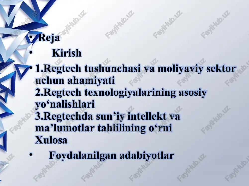 k usullari – qo'lda hujjatlar, jadvallar va inson resurslari – samarasiz bo'lib qoldi moliyaviy regulyatsiya bosimi va xarajatlari moliyaviy regulyatsiya bosimi so'nggi o'n yillikda keskin oshdi, chunki global iqtisodiyotning o'zaro bog'liqligi xavflarni kuchaytirdi. regulyatorlar moliyaviy barqarorlikni ta'minlash uchun qattiq choralar ko'radi: masalan, basel iv talablari banklarni kapital rezervlarini oshirishga majbur qiladi, bu esa kredit berishni cheklaydi. yevropa ittifoqida emir (derivativlar bozori regulyatsiyasi) va sfdr (barqaror moliya hisoboti) kabi qonunlar institutlarga kunlik hisobot va audit talab qiladi. raqamli texnologiyalar roli raqamli texnologiyalar regtechning yuragi va qon tomiridir, chunki ular murakkab regulyator talablarni samarali boshqarishga imkon beradi. sun'iy intellekt (ai) va mashina o'rganishi (ml) tranzaksiyalarni real vaqt rejimida tahlil qilib, shubhali operatsiyalarni aniqlaydi. masalan, ai modellar (neural tarmoqlar) aml monitoringida 95 foiz aniqlik beradi, inson tekshiruviga nisbatan 10 baravar tezroq. katta ma'lumotlar (big data) analyticsi milliardlab tranzaksiyani saqlaydi va patternlarni topadi. regtech texnologiyalarining asosiy yo‘nalishlari regtech, ya’ni regulyatorlik texnologiyalar, moliyaviy va boshqa …