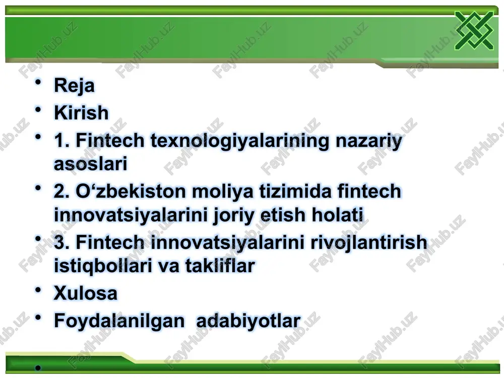 obil to'lovlar, blokcheyn texnologiyasi va onlayn bank xizmatlaridir. bu yo'nalishlar an'anaviy moliyaviy tizimlarni buzib, samaradorlikni oshiradi va xavflarni kamaytiradi. mobil to'lovlar fintechning eng tezkor o'sayotgan segmenti bo'lib, smartfonlar orqali pul o'tkazmalarini ta'minlaydi. jahon tajribasida fintech sohasining rivojlanish omillari jahon tajribasida fintechning rivojlanishi bir qator makroiqtisodiy, texnologik va ijtimoiy omillarga bog'liq bo'lib, ular sohaning 2025-yildagi holatini belgilaydi. birinchi navbatda, texnologik innovatsiyalar – ai va katta ma'lumotlar – asosiy harakatlantiruvchi kuchdir. ai fintech bozorini 2025-yilda 30 milliard dollardan 2030-yilga 83 milliard dollarga yetkazadi, chunki u firibgarlikni aniqlash va shaxsiy xizmatlarni takomillashtiradi. masalan, aqshda jpmorgan ai'dan foydalanib, kredit bahosini 50% tezlashtirdi. ikkinchi omil – regulyatorlik muhit: o‘zbekiston moliya tizimida fintech innovatsiyalarini joriy etish holati o‘zbekiston moliya tizimida fintech innovatsiyalarini joriy etish jarayoni so‘nggi yillarda sezilarli sur’atlar bilan rivojlanmoqda. bu jarayon mamlakat iqtisodiyotining raqamli transformatsiyasi doirasida amalga oshirilmoqda va global tendensiyalarga mos ravishda moliyaviy xizmatlarni yanada qulay, samarali va inklyuziv qilishga qaratilgan. 2018-yilda faqat …