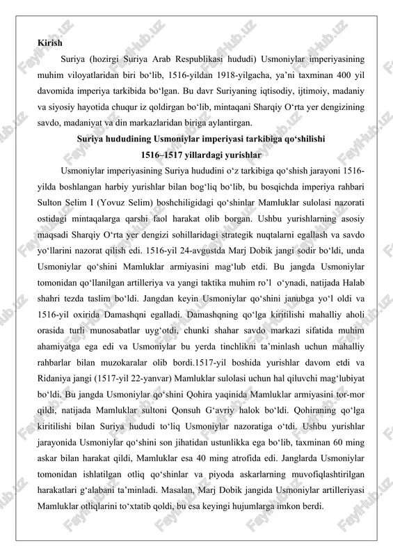 smoniylar qo‘shini qohira yaqinida mamluklar armiyasini tor-mor qildi, natijada mamluklar sultoni qonsuh g‘avriy halok bo‘ldi. qohiraning qo‘lga kiritilishi bilan suriya hududi to‘liq usmoniylar nazoratiga o‘tdi. ushbu yurishlar jarayonida usmoniylar qo‘shini son jihatidan ustunlikka ega bo‘lib, taxminan 60 ming askar bilan harakat qildi, mamluklar esa 40 ming atrofida edi. janglarda usmoniylar tomonidan ishlatilgan otliq qo‘shinlar va piyoda askarlarning muvofiqlashtirilgan harakatlari g‘alabani ta’minladi. masalan, marj dobik jangida usmoniylar artilleriyasi mamluklar otliqlarini to‘xtatib qoldi, bu esa keyingi hujumlarga imkon berdi. yurishlar natijasida suriya hududi usmoniylar imperiyasining janubiy chegaralarini kengaytirdi va imperiya uchun yangi soliq manbalarini ochdi. usmoniylar va mamluklar o‘rtasidagi siyosiy kurash usmoniylar va mamluklar o‘rtasidagi siyosiy kurash 15-asr oxiridan boshlab kuchaygan bo‘lib, bu jarayonda ikki davlat o‘rtasida savdo yo‘llari, diniy ta’sir va harbiy ustunlik uchun raqobat mavjud edi. mamluklar sulolasi misr va suriyani boshqarib, o‘rta yer dengizi savdosida monopoliya o‘rnatgan edi, usmoniylar esa anadolu va rumeliyadan kengayib, sharqqa yo‘nalish olgan. siyosiy kurashning …