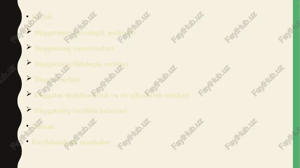 a darajasi. hajm bir vaqtning o‘zida nechta ob’ektni qamrab olish mumkinligi. bo‘linuvchanlik bir vaqtning o‘zida bir nechta faoliyatni bajarish qobiliyati. ko‘chuvchanlik diqqatning bir ob’ektdan boshqasiga tez o‘tishi. fiziologik asoslar miya po‘stlog‘idagi qo‘zg‘alish va tormozlanish jarayonlari; dominanta. diqqat turlari ixtiyorsiz, ixtiyorli, ixtiyoriydan keyingi, tashqi va ichki diqqat. ixtiyorsiz diqqat tabiiy ravishda paydo bo‘ladi, kuchli yoki noodatiy ta’sir bilan uyg‘onadi. ixtiyorli diqqat maqsadga asoslangan holda ongli boshqariladi. ixtiyoriydan keyingi diqqat dastlabki kuch talab qiluvchi, keyin o‘z- o‘zidan saqlanadigan diqqat turi. diqqatni rivojlantiruvchi omillar qiziqish, motivatsiya, sog‘lom muhit, to‘g‘ri tashkil etilgan mashg‘ulotlar. diqqatni kuchaytirish usullari mashqlar, tartibli reja, chalg‘ituvchi omillarni kamaytirish, fokuslash texnikalari. diqqatning buzilishi chalg‘ish, tez charchash, stress, diqqat yetishmovchiligi. amaliy ahamiyati ta’lim, mehnat, sport, boshqaruv va kundalik faoliyat samaradorligini oshiradi. psixik jarayonlar tizimidagi o‘rni diqqat psixik jarayonlar tizimida markaziy o‘rinni egallaydi, chunki u barcha kognitiv funksiyalarni birlashtiruvchi ko‘prik vazifasini bajaradi. idrok jarayoni diqqatsiz to‘liq bo‘lmaydi, zero atrofdagi ob’ektlar diqqat orqali tanlab …