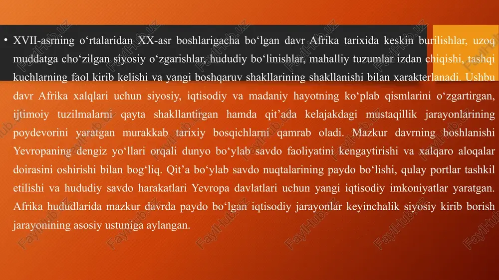 ib kirdi. qit’a bo‘ylab o‘zaro munosabatlar kuchaydi, savdo yo‘llari kengaydi, mahalliy boshqaruv organlari bilan yevropa davlatlari o‘rtasida turli kelishuvlar tuzildi, ayrim joylarda esa qarama-qarshi yo‘nalishdagi to‘qnashuvlar yuz berdi. afrikada mavjud bo‘lgan yoru, ashanti, dahomey kabi davlatlar ichki siyosiy manfaatlar, tashqi aloqalar va yevropa bilan tuzilgan kelishuvlar natijasida turlicha yo‘nalishlarda rivojlandi. sharqiy afrikada esa zanzibardagi sulola, qirg‘oq hududlaridagi sultonliklar va ichki hududlardagi qabilaviy tuzilmalar o‘zaro iqtisodiy aloqalar orqali mustahkam tuzilmalarga ega edi. janubiy afrika hududida qabilaviy tuzumlar, ko‘chmanchi guruhlar va mahalliy boshqaruv organlari xix-asrda tashqi kuchlarning bosimiga ko‘proq uchradi.ushbu davrda quldorlik savdosi keng tarqalgan iqtisodiy faoliyat shakliga aylandi. afrika hududlaridan millionlab insonlar kuch bilan olib ketildi, yevropa va amerika hududlarida ishlatildi. mazkur jarayon qit’a aholisi sonining qisqarishiga, ijtimoiy tizimlarning izdan chiqishiga, avlodlar davomida shakllangan urf-odatlarning buzilishiga olib keldi. bu jarayon xix-asr o‘rtalaridan boshlab xalqaro miqyosda cheklab borildi, ammo uning oqibatlari uzoq vaqt davom etdi. xix-asrning ikkinchi yarmida afrika qit’asida yangi bosqich …