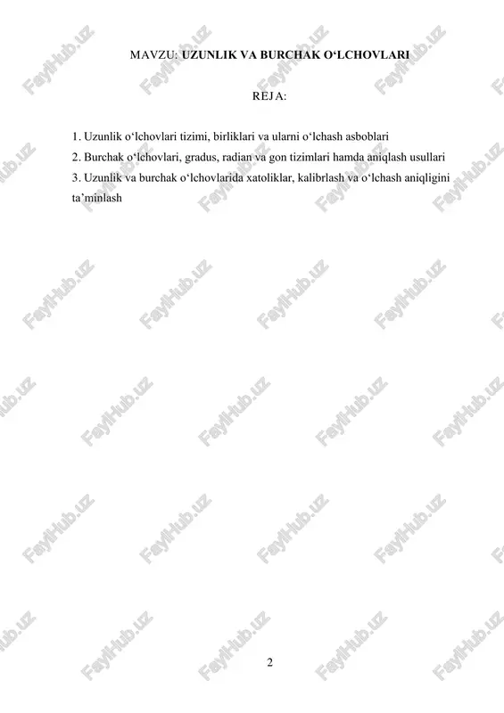 h imkonini ta’minlaydi. uzunlik o‘lchovlari tizimiga quyidagi birliklar kiradi: kattalik birlik belgilanishi nisbati kilometr km 1 km = 1000 m metr m 1 m – asosiy birlik santimetr cm 1 cm = 0,01 m millimetr mm 1 mm = 0,001 m 4 kattalik birlik belgilanishi nisbati mikrometr µm 1 µm = 0,000001 m mashinasozlik va texnik tizimlarda ko‘pincha millimetr va mikrometr birligida ishlanadi, chunki detallar o‘lchamlari juda nozik va kichik diapazonda aniqlik talab qiladi. masalan, podshipnik o‘qi, val diametri, shesternya tish balandligi yoki rezba chuqurligi mikrometrgacha aniqlik bilan nazorat qilinishi talab etiladi. uzunlikni o‘lchash uchun quyidagi o‘lchov asboblari keng qo‘llanadi: 1. shtangensirkul — metall buyumlarning tashqi, ichki va chuqurlik o‘lchamlarini ±0,1 mm aniqlik bilan o‘lchashga mo‘ljallangan. u sanoat korxonalarida eng ko‘p qo‘llaniladigan ko‘p funksiyali o‘lchov asbobidir. 2. mikrometr — ±0,01 mm yoki undan ham yuqori aniqlikda o‘lchash imkonini beruvchi asbob. bu asbob vintli mexanizm asosida ishlaydi va o‘lchash aniqligi shtangensirkulga …