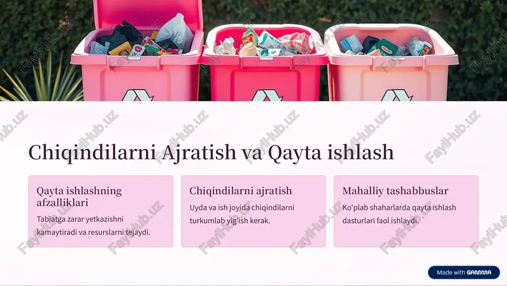 as9uliyat har bir insonning ekologiyaga qarashi muhim. https://gamma.app/?utm_source=made-with-gamma barqaror transport yechimlari velosipedlarni targ8ib qilish emissiyalarni kamaytirish va sog»lom hayot uchun. jamoat transport ko»proq odamlarni bir vaqtning o»zida tashish imkoniyati. elektr transport vositalari havo ifloslanishini kamaytirish uchun muhim yo»l. https://gamma.app/?utm_source=made-with-gamma atrof-muhitni himoya qilish uchun qonunchilik � qonunlarni kuchaytirish tabiatni muhofaza qilish bo»yicha qat¼iy qoidalar. � nazorat va jazo qoidalarni buzganlarga nisbatan qat¼iy choralar. � fuqarolarni jalb qilish bugungi yoshlarni ekologik huquqlar haqida bilim berish. https://gamma.app/?utm_source=made-with-gamma kelajak uchun harakatlar: atrof-muhitni asrab qolaylik har birimizning rolimiz kichik qadamlar ham yirik o»zgarishlarga olib keladi. jamoaviy harakat birgalikda tabiatni saqlashga hissa qo»shaylik. https://gamma.app/?utm_source=made-with-gamma