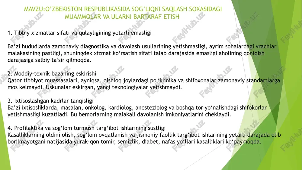 qori malakali vrachlar va zamonaviy xizmatlar uchun boshqa davlatlarga chiqib ketish holatlari. bartaraf etish choralari va takliflar 1. tibbiy xizmatlar sifati va qulayligini oshirish zamonaviy diagnostika va davolash texnologiyalarini joriy qilish. shifokor va tibbiyot xodimlari malakasini oshirish dasturlarini kengaytirish. tibbiyot muassasalari uchun xizmat ko‘rsatish standartlarini ishlab chiqish. 2. moddiy-texnik bazani yangilash qishloq va tuman poliklinikalarini kapital ta’mirlash va yangi zamonaviy uskunalar bilan jihozlash. davlat va xususiy sheriklik asosida yangi klinikalar ochish. 3. ixtisoslashgan kadrlar tayyorlash va jalb qilish tibbiyot oliygohlarida zamonaviy, talab yuqori ixtisosliklar bo‘yicha yo‘nalishlar ochish. chet elda tahsil olib qaytgan mutaxassislarni rag‘batlantirish. yosh tibbiyot xodimlarini viloyat va qishloq hududlarida ishlashga jalb qilish uchun imtiyoz va rag‘batlar berish. 4. profilaktika ishlarini kuchaytirish sog‘lom ovqatlanish va sport tadbirlarini ommalashtirish. tez-tez tibbiy ko‘rik va sog‘lom turmush targ‘ibotini yo‘lga qo‘yish. aholi uchun bepul sog‘liqni tekshirish kunlarini tashkil etish. 5. raqamlashtirish va elektron tizimlarni rivojlantirish elektron tibbiy kartalarni joriy qilish. masofaviy tibbiy maslahat …