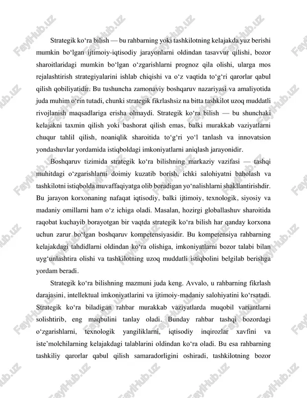 alohiyatini ko‘rsatadi. strategik ko‘ra biladigan rahbar murakkab vaziyatlarda muqobil variantlarni solishtirib, eng maqbulini tanlay oladi. bunday rahbar tashqi bozordagi o‘zgarishlarni, texnologik yangiliklarni, iqtisodiy inqirozlar xavfini va iste’molchilarning kelajakdagi talablarini oldindan ko‘ra oladi. bu esa rahbarning tashkiliy qarorlar qabul qilish samaradorligini oshiradi, tashkilotning bozor sharoitlariga moslashuvchanligini kuchaytiradi. shu bois strategik ko‘ra bilish rahbarlarga qo‘yiladigan asosiy malaka talablardan biri hisoblanadi. strategik ko‘ra bilishning yana bir muhim mazmuniy jihati — kelajakdagi o‘zgarishlarni faqat kuzatish emas, balki ularni boshqarishdir. bu degani, rahbar bozor sharoitlarini oldindan ko‘ribgina qolmay, balki tashkilotning o‘z strategik faoliyati orqali bozorning o‘ziga ta’sir ko‘rsatish imkoniyatlarini ham yaratishi kerak. masalan, innovatsion mahsulotlar yaratish orqali iste’molchilarning o‘zgaruvchan talabiga ta’sir qilish, yangi texnologiyalarni joriy etish orqali raqobat muhitini o‘zgartirish yoki yangi bozor segmentlarini shakllantirish mumkin. bu jarayonda strategik ko‘ra bilish korxonaga proaktiv pozitsiyani berib, ularni raqobatchilardan bir qadam oldinga olib chiqadi. strategik ko‘ra bilishning boshqaruvdagi ahamiyatini chuqurroq ko‘rib chiqadigan bo‘lsak, uning quyidagi asosiy funksiyalarini …