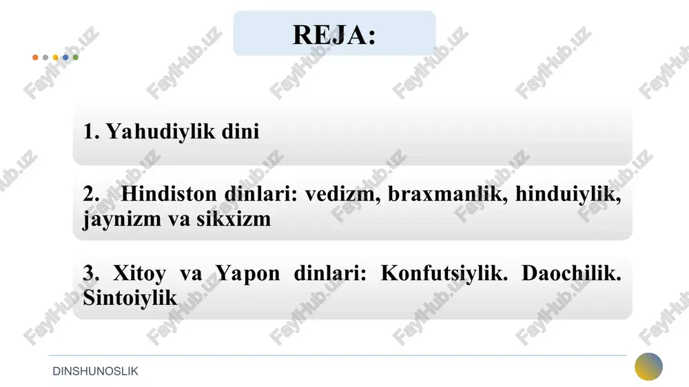 ik hinduiylik bu murakkab din boʻlib, u ijtimoiy tashkilot, turli dinlar qorishmasidir. u kastachilik asosiga qurilgan. braxmanlik bilan buddaviylik oʻrtasida kasta ta'limoti boʻyicha kurashni ifodalovchi hinduiylik dini shakllandi. bu dinga hindiston aholisining 83% e'tiqod qilib uning asosiy sharti hindistondagi kasta tuzumini qabul qilishdir. 13 13 dinshunoslik hinduiylikda besh qoida va aqida tan olinadi: 14 vedalarning muqaddasligi guru (pir, ustoz)ning tan olinishi muqaddas joylarga ziyoratga borish sanskrit muqaddas til ekanligi sigirning muqaddas ekanligi dinshunoslik jaynizm jaynizm (sanskritcha “jina” - “muzaffar” soʻzidan olingan). jaynizmning kelib chiqishi haqida koʻplab afsonaviy rivoyatlar mavjud. rigveda kitobida jaynizmning ikki tirtxakarlari (yoʻl tuzuvchi, ruhlarni ozod qiluvchi) rishabxa va arishtanem haqidagi rivoyat keltirilgan. ulardan birinchisi – rishabxa jaynizm ta'limotining asoschisi hisoblanadi. bu rivoyatlarda rishabxa shaxsida ilohiyot naroyana, ya'ni vishnu mujassam boʻlgan. bu ma'lumotlar jaynizmning veda dinlaridan ham qadimiyroq ekanligini koʻrsatadi. 16 dinshunoslik 17 jaynizm dini vakillarining e'tiqod qilishicha, bu ta'limotga 24 tirtxakar (paygʻambar yoki avliyo) asos solgan. ularning …