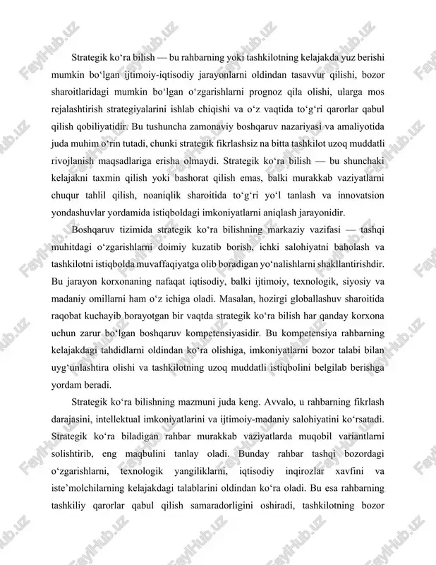alohiyatini ko‘rsatadi. strategik ko‘ra biladigan rahbar murakkab vaziyatlarda muqobil variantlarni solishtirib, eng maqbulini tanlay oladi. bunday rahbar tashqi bozordagi o‘zgarishlarni, texnologik yangiliklarni, iqtisodiy inqirozlar xavfini va iste’molchilarning kelajakdagi talablarini oldindan ko‘ra oladi. bu esa rahbarning tashkiliy qarorlar qabul qilish samaradorligini oshiradi, tashkilotning bozor sharoitlariga moslashuvchanligini kuchaytiradi. shu bois strategik ko‘ra bilish rahbarlarga qo‘yiladigan asosiy malaka talablardan biri hisoblanadi. strategik ko‘ra bilishning yana bir muhim mazmuniy jihati — kelajakdagi o‘zgarishlarni faqat kuzatish emas, balki ularni boshqarishdir. bu degani, rahbar bozor sharoitlarini oldindan ko‘ribgina qolmay, balki tashkilotning o‘z strategik faoliyati orqali bozorning o‘ziga ta’sir ko‘rsatish imkoniyatlarini ham yaratishi kerak. masalan, innovatsion mahsulotlar yaratish orqali iste’molchilarning o‘zgaruvchan talabiga ta’sir qilish, yangi texnologiyalarni joriy etish orqali raqobat muhitini o‘zgartirish yoki yangi bozor segmentlarini shakllantirish mumkin. bu jarayonda strategik ko‘ra bilish korxonaga proaktiv pozitsiyani berib, ularni raqobatchilardan bir qadam oldinga olib chiqadi. strategik ko‘ra bilishning boshqaruvdagi ahamiyatini chuqurroq ko‘rib chiqadigan bo‘lsak, uning quyidagi asosiy funksiyalarini …