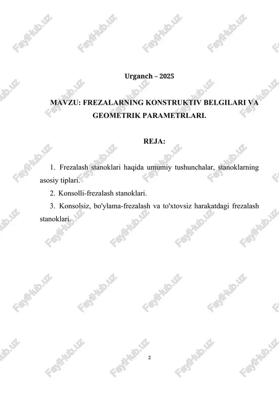 imkonini beradi. konsolli-frezalash stanoklari bu stanoklarning konsolli deb atalishga sabab, ularda stanokning stoli stanina bo'ylab yuqori va pastga harakatlanuvchi qism—konsolga o'rnatilgan. konsolli-frezalash stanoklari gorizontal, vertikal, universal va keng universal turlarga bo'hnadi. umumiy foydalaniladigan frezalash stanoklarining asosiy parametri stol ish yuzasining o'lchamlaridir. ular quyida keltirilgan (12.2-jad-val): konsolli-frezalash stanoklari shpindel o'qiningjoylashishi bo'yicha gorizontal va vertikal stanoklarga bo'linadi. shpindelga freza o'rnatilib, u aylanma harakat oladi. stol karetkaga, karetka esa konsolga o'rnatilgan bo'lib, zagotovka stoi bilan birga bo'ylama, ko'ndalang va vertikal yo'nalishlarda harakatlanadi. universal konsolli gorizontal-frezalash stanoklari oddiy gorizontal-frezalash stanoklaridan buriluvchi stoli bilan farqlanadiki, u uch o'zaro perependikular yo'nalishlar bo'yicha harakatlanishidan tashqari o'zining vertikal o'qi atrofida ±45° ga burila oladi. bu stanokda vintsimon ariqchalarni va g'ildiraklarda qiyajoylash-gan tishlarni shakllantirishga imkon beradi. keng universal stanoklar (modeli oxirida sh harfi yoziladi) universal stanoklardan qo'shimcha, vertikal va gorizontal o'qlar atrofida buriluvchan shpindelning mavjudligi bilan farqlanadi. shuningdek ikki shpindel (gorizontal va vertikal) va gorizontal o'q atrofida buriluvchan stolga …