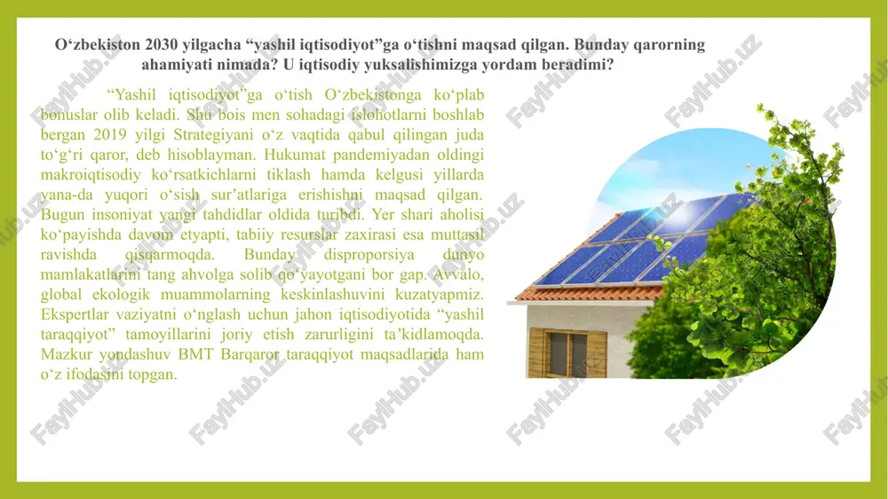 ya uyg‘otilmasa, davlatning barcha saʼy-harakatlari zoye ketadi. 3 odatda korxona va tashkilotlar, aholining turli qatlamlariga muqobil energiya manbalaridan foydalanish, ishlab chiqarish jarayonida uglerod sarfini kamaytirish, “yashil texnologiyalar”ni qo‘llash va tegishli asbob-uskunalar xarid qilish uchun imtiyozli yoki foizsiz kreditlar, subsidiya hamda grantlar, soliq imtiyozlari taqdim etiladi. o‘z nabatida, bunga bank-moliya tizimi ham xayrixohlik ko‘rsatishi, banklar bmt barqaror rivojlanish maqsadlari bilan bog‘liq biznes-loyihalarga alohida eʼtibor qaratishi juda muhim. “yashil taraqqiyot” tamoyillarini qo‘shnilarimiz ham qo‘llab-quvvatlashi nechog‘liq muhim? 5 bu borada mintaqaviy birdamlikka erishilgani yaxshi, albatta. shunda jarayon tezlashadi. ekologik muvozanatni taʼminlash, tabiiy resurslardan oqilona foydalanish kabi masalalar markaziy osiyoning barcha mamlakatlari uchun dolzarb. tabiatda siyosiy chegaralar bo‘lmaydi. “yashil energetika” tizimi yoki atrof muhitga ziyon yetkazmaydigan ishlab chiqarish quvvatlarini yaratishdan nafaqat o‘zbekiston, qo‘shnilar ham yutadi. shu nuqtai nazardan umummanfaatli strategik rejalarga tayanib, birgalikda harakat qilganimiz maʼqul. biroq “yashil iqtisodiyot”ga o‘tish o‘tmaslik har qaysi respublikaning mustaqil ishi. o‘zbekiston o‘z qarorini qabul qilib bo‘ldi. endi soha …