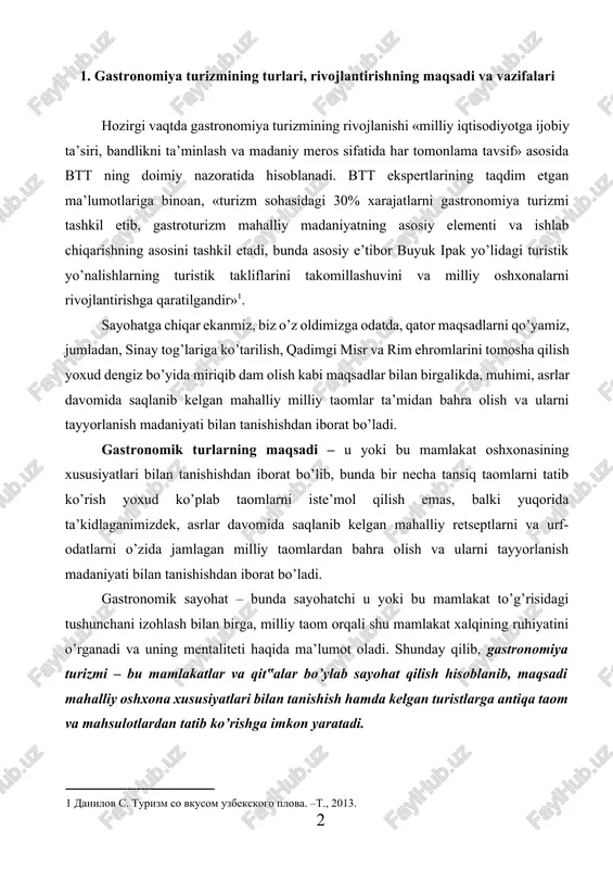lumot oladi. shunday qilib, gastronomiya turizmi – bu mamlakatlar va qit‟alar bo’ylab sayohat qilish hisoblanib, maqsadi mahalliy oshxona xususiyatlari bilan tanishish hamda kelgan turistlarga antiqa taom va mahsulotlardan tatib ko’rishga imkon yaratadi. gastronomik tur xizmat sifatida nafaqat sayohat qilish bo’lib hisoblanadi, balki dunyoning boshqa biror joyida takrorlanmaydigan va betakror ta’mga ega bo’lgan masalliqlardan tarkib topgan, ma’lum bir hududdagina uchrovchi taomlarni tatib ko’rishga qaratilgan tadbirlar majmuiga kiradi. gastronomiya turizmi turiga qiziqish yildan-yilga oshib bormoqda. bu qiziqish ko’proq buyuk britaniya, italiya va peruda keng ommalashib, yildan-yilga gastroturistik marshrutlar ishlab chiqqan mamlakatlar soni tobora ortib bormoqda. bunday qiziqishning oshishi turizmning boshqa turlarini ham rivojlantirishga zamin yaratmoqda. insonlar dam olishining bu turini yarim fabrikat mahsulotlarni iste’mol qilish ko’ngliga urganidan so’ng, ko’ngli istagan taomni asl holida tatib ko’rishga intilish, deb ham tushunish mumkin. gastronomiya turizmi birinchi navbatda gurmanlar, ya’ni mazali taom istovchilar uchun jozibador bo’lib, ularga tansiq taom, bu nafaqat yegulik, balki ko’tarinki kayfiyat bag’ishlovchi …