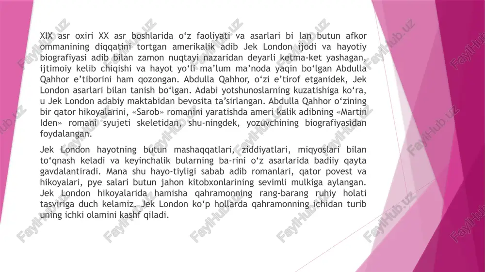sharq mumtoz lirika-sidagi singari kuchli ramziy yukka ega va mana shular orqali qahramonning ichki olami kashf etiladi. har ikkala adib ijodida badiiy psixologizm kompozitsion asos darajasiga ko‘tarilgan hikoya bor. bu – jek londonning «buyuk sehrgar» hamda abdulla qahhorning «ko‘r ko‘zning ochilishi» hikoyalaridir. har ikki hikoyada ham qahramon­ lar inson psixologiyasidan foydalanib o‘z maqsadlariga eri­ shadilar. bu ikki hikoya psixologik motivning kompozitsion asos darajasiga ko‘tarilishi, syujeti bilan bir-biriga yaqin bo‘lsa, «hayotga muhabbat» hamda «ming bir jon» hikoyalari g‘oyaviy jihatdan mushtarak. har ikkala hikoyada ham hayot va o‘lim oralig‘ida turib, tirik qolish uchun kurash olib borgan qahramonlar tasvirlanadi. «martin iden» va «sarob» romanlari o‘rtasida bir qator mushtaraklik ko‘zga tashlanadi. bu, eng avvalo, qahramon­ larni tanlash va voqealar rivojida ko‘rinadi. har ikkala roman­ ning bosh qahramoni – ijodkor shaxslar. ularning har ikkalasi ham kambag‘al oiladan chiqqan. asar voqealari boshlanganda martin ham, saidiy ham ota-onalaridan ajralib, yetim bo‘lib qolgan edilar; har ikkala qahramonning bu …