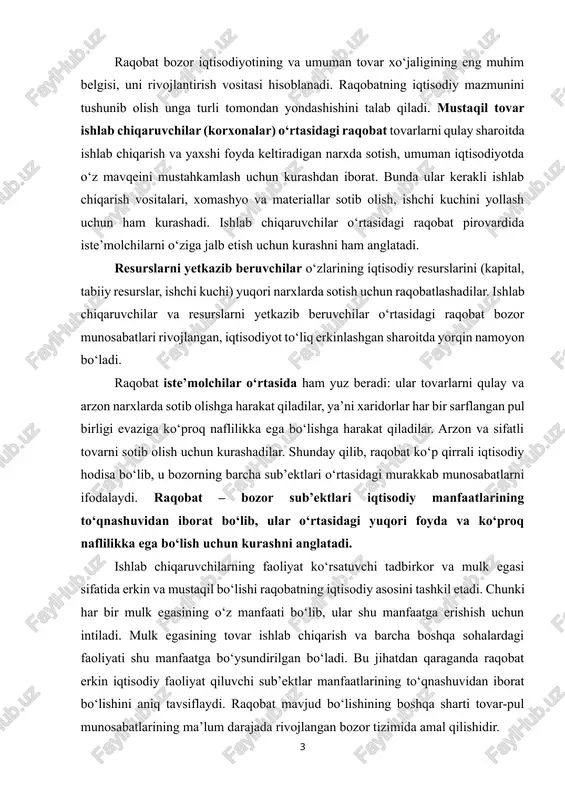 unki har bir mulk egasining o‘z manfaati bo‘lib, ular shu manfaatga erishish uchun intiladi. mulk egasining tovar ishlab chiqarish va barcha boshqa sohalardagi faoliyati shu manfaatga bo‘ysundirilgan bo‘ladi. bu jihatdan qaraganda raqobat erkin iqtisodiy faoliyat qiluvchi sub’ektlar manfaatlarining to‘qnashuvidan iborat bo‘lishini aniq tavsiflaydi. raqobat mavjud bo‘lishining boshqa sharti tovar-pul munosabatlarining ma’lum darajada rivojlangan bozor tizimida amal qilishidir. raqobatning mazmuni uning vazifalarini ko‘rib chiqish orqali yanada kengroq namoyon bo‘ladi. hozirgi bozor iqtisodiyotida raqobatning quyidagi asosiy vazifalarini ajratib ko‘rsatish mumkin: 1. tartibga solish vazifasi; 1. resurslarni joylashtirish vazifasi; 1. innovatsion vazifa; 1. moslashtirish vazifasi; 1. taqsimlash vazifasi; 1. nazorat qilish vazifasi. raqobatning tartibga solish vazifasi ishlab chiqarishni talab (iste’mol)ga muvofiqlashtirish maqsadida taklifga ta’sir o‘tkazishdan iborat. aynan shu vazifa yordamida iqtisodiyotda taklifning talab orqali, ishlab chiqarish tarkibi va hajmining yakka tartibdagi va ijtimoiy ehtiyojlar orqali belgilanishiga erishiladi, ya’ni iqtisodiyot bozor qonunlari asosida tartibga solinadi. raqobatning resurslarni joylashtirish vazifasi ishlab chiqarish omillarini ular eng …