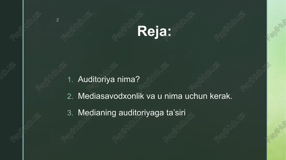 s qilgan faol va savodli bo‘lishi, media matnni qabul qila olishi yozish, taxlil qila olishi va qabul qilish, zamonaviy mediani ijtimoiy- madaniy va siyosiy mazmunini tushuna olish demakdir. z bugungi kunda media savodxonlik buyuk britaniya va avstraliyada gumanitar fan majmuasida o‘tilsa finlandiyada 1970- yildan o‘rta maktablarning 1977- yildan esa oliy o‘quv yurtlarining o‘quv dasturlarida o‘tilar edi. 1990- yillarda esa mamlakatda mediasavodxonlik media ta’lim birligi bilan bog‘liq edi. shvetsiyada u 1980- yildan belgilangan ta’limga alohida fan sifatida o‘qitiladi. 1990- yilda rossiyada mediata’lim bo‘yicha ilmiy tadqiqotlar olib borilgan. 2002- yil pedagogika oliy ta’lim yurtlari uchun mediatalim ixtisosligi bo‘yicha yo‘nalish ochildi. 2005- yili esa yunesko homiyligida “ mediatalim” darsligi yaratildi va rossiyada kinota’lim va mediapedagogika sayti ishga tushirildi. o‘zbekistonni rivojlantirishga qaratilgan 5 ta ustuvor yo‘nalishlar bilan birgalikda 2021- yildan boshlab 10-11 sinflar va oliy ta’lim yurtlarida fan sifatida o‘tiladigan bo‘ldi. z media so‘zi ingliz tilidagi “mediator” so‘zidan olingan bo‘lib vosita degan manoni bildiradi.media …