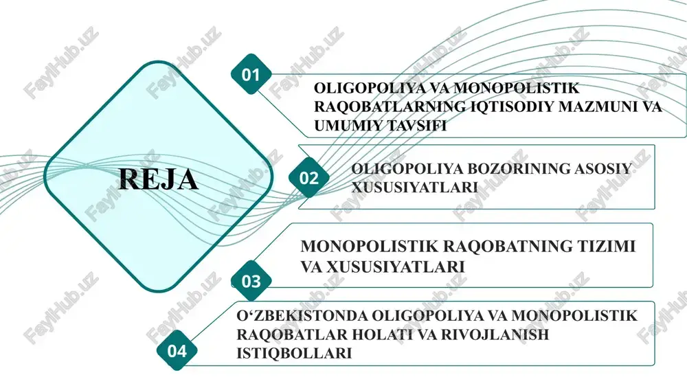 ligi, monopolistik raqobat esa mahsulot farqlanishi orqali raqobatlashuv shaklidir. ushbu bozor tuzilmalari o‘zaro bog‘liq bo‘lib, iqtisodiy tizimda bir-birini to‘ldiruvchi holatda namoyon bo‘ladi. ularni o‘rganish iqtisodiy muvozanatni tushunishda muhim ahamiyatga ega. to‘liq raqobatda ko‘plab ishlab chiqaruvchilar bir xil mahsulot taklif qiladi va narx bozor tomonidan belgilanadi. monopoliya esa, aksincha, yagona ishlab chiqaruvchi mavjud bo‘lgan holatdir. oligopoliya va monopolistik raqobatning shakllanish omillari oligopoliya ko‘pincha ishlab chiqarishning yuqori texnologik xarajatlari, kapitalning markazlashuvi va tabiiy cheklovlar natijasida vujudga keladi. telekommunikatsiya yoki energetika sohalarida raqobatchilar soni kam bo‘lishi iqtisodiy zaruriyatdan kelib chiqadi. monopolistik raqobat esa ko‘proq iste’mol tovarlari ishlab chiqaruvchi tarmoqlarda yuzaga keladi, chunki bu sohalarda mahsulotni farqlash imkoniyati yuqori. reklama, brend yaratish, xizmat sifati va dizayn kabi omillar monopolistik raqobatni kuchaytiradi. har ikkala model ham bozor iqtisodiyotida tabiiy evolyutsiya natijasi hisoblanadi. o‘zbekiston iqtisodiyotida raqobat muhitining umumiy holati o‘zbekiston iqtisodiyotida so‘nggi yillarda raqobat muhitini rivojlantirishga katta e’tibor qaratilmoqda. bozor islohotlari, davlat monopoliyalarining qisqartirilishi va xususiy …