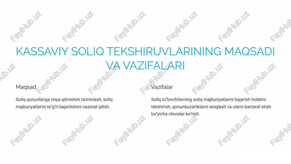 keyingi ish kunidan kechiktirmay ro‘yxatdan o‘tkazilishi kerak. maxfiylik soliq organlari xodimlari tekshiruv jarayonida olingan ma'lumotlarni maxfiy saqlashga majbur. adolat soliq organlari xodimlari soliq toʻlovchilarning huquqlarini himoya qilishlari kerak. 6 kassaviy soliq tekshiruvlari natijalariga shikoyat qilish tartibi 1 ariza yozish o’tkazilgan soliq tekshiruvi ustidan soliq organlariga shikoyat ariza yoziladi. 2 ariza berish ariza o’zbekiston respublikasi soliq qo’mitasiga topshiriladi. 3 koʻrib chiqish 10 ish kuni ichida ariza soliq organlari tomonidan koʻrib chiqiladi. 4 qaror soliq tekshiruvlarini qayta o’tkazish yoki sudga murojat qilish 7 argentina davlatida soliq turlari quyidagilarni o'z ichiga oladi: 1 daromad solig'i (impuesto a las ganancias): shaxsiy va korporativ daromadlar bo'yicha olinadigan soliq. shaxsiy daromad solig'i shaxslarning yillik daromadiga qarab belgilanadi, o’suvchi tartibda hisoblanadi 7 – 21 – 33 % 2 .qo'shimcha qiymat solig'i (iva - impuesto al valor agregado): bu soliq tovarlar va xizmatlar bo'yicha qo'shimcha qiymatga nisbatan olinadi. odatda, 21% soliq stavkasi qo'llaniladi, ammo ayrim mahsulotlar uchun stavka …