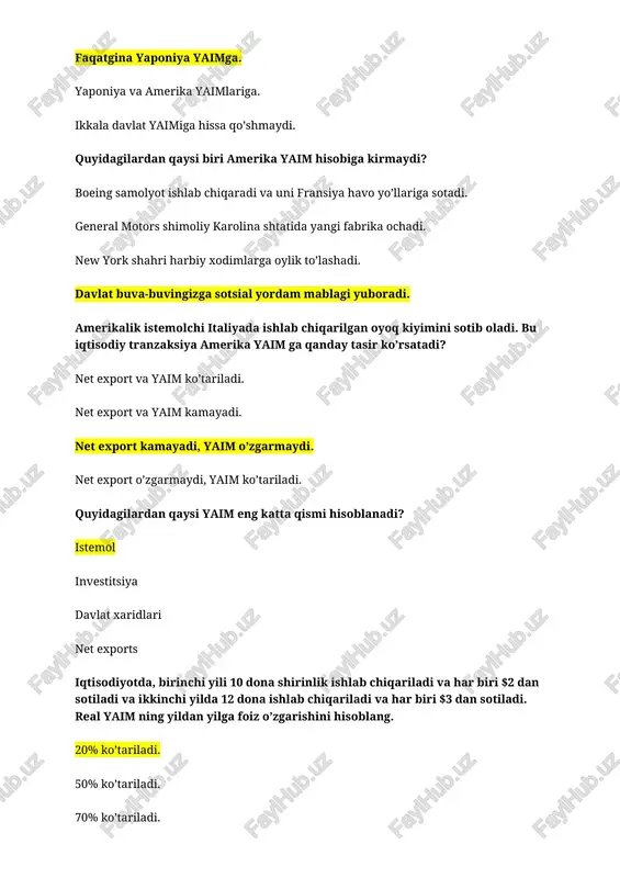 a va tovar narxlari 5% ga tushsa, quyidagi iqtisodiy holatlardan qaysi biri sodir bo’ladi? real yaim 5% ko’tariladi va nominal yaim 5% kamayadi. real yaim 5% ko’tariladi va nominal yaim o’zgarmaydi. real yaim o’zgarmaydi va nominal yaim 5% ko’tariladi. real yaim o’zgarmaydi va nominal yaim 5% kamayadi. agar mr. john farzandlarini uyda o’qitish uchun o’z o ’qituvchilik ishidan vos kechadi, yaim qanday o’zgaradi? o’zgarmaydi chunki bir xil vazifani bajaradi. ko’tariladi chunki u endi kamroq daromad solig’i to’laydi. kamayadi chunki uning bozordagi ish haqi kamayadi. ko’tarilishi yoki kamayishi mumkin – uyda dars o’tishning bozor qiymatiga asoslangan holatda. yaim inson farovonligining nomukammal o’lchov birligi bo’lishiga sabab quyidagilardan qaysi biri hisoblanadi? ishlab chiqarilgan tovarlarni o’z ichiga oladi lekin nomoddiy xizmatlarni hisobga olmaydi. davlat tomonidan taminlangan tovar va xizmatlarni hisobga olmaydi. iqtisodiy activity orqali atrof-muhitga yetkazilgan zararni hisobga olmaydi. yaim yashash sifatining boshqa faktorlari bilan bogliq emas istemolchi narx indeksi (ini) iqtisoddagi qaysi birlikni …