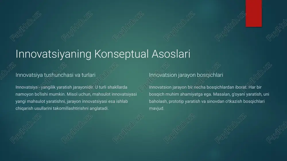 ion jarayonlarni boshqarish mexanizmlari loyiha boshqaruvi innovatsion loyihalarni samarali boshqarish, maqsadlarga erishish uchun resurslarni rejalashtirish va muvofiqlashtirish. misol: yangi mahsulotni ishlab chiqish loyihasida, loyiha muddatlarini, byudjetini va resurslarini aniq belgilash va boshqarish. resurs taqsimoti mavjud resurslarni (moliyaviy, insoniy, texnologik) innovatsion loyihalarga optimal taqsimlash. misol: it kompaniyasi o'zining eng tajribali dasturchilarini yangi ai loyihasiga yo'naltirishi. risk boshqaruvi innovatsion loyihalar bilan bog'liq bo'lgan potentsial risklarni aniqlash, baholash va ularni kamaytirish strategiyalarini ishlab chiqish. misol: agar yangi texnologiya loyihasi muvaffaqiyatsizlikka uchrashi mumkin bo'lsa, zaxira rejasini tuzish. innovatsion loyihalarni boshqarish, resurslarni optimal taqsimlash va risklarni boshqarish muhim. ushbu mexanizmlar tashkilotning innovatsion salohiyatini oshirishga va raqobatbardosh ustunlikka erishishga yordam beradi. 5 korxonalarda innovatsiyani boshqarishning muammolari resurslarning cheklanganligi innovatsion loyihalar uchun yetarli moliyaviy, insoniy va texnologik resurslarning yo'qligi. ko'pincha, korxonalar yangi g'oyalarni amalga oshirish uchun yetarli mablag'ga ega emas, bu esa innovatsion jarayonni sekinlashtiradi. misol uchun, startaplar dastlabki bosqichlarda moliyalashtirishning yetishmasligi tufayli ko'plab qiyinchiliklarga duch kelishadi. …