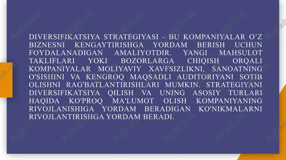 ikatsiya strategiyalari mavjud mahsulotlar bilan bog'liq yangi,takomillashtirilgan yoki yangilangan mahsulotni yaratish uchun kompaniyaning mavjud resurslaridan foydalanadi estee lauder terini parvarish qilish, bo'yanish va sochni parvarish qilish mahsulotlariga tegishli diversifikatsiyani misol qilib ko'rsatadi. 7 diversifikatsiyalash bilan shug’ullanuvchi korporativ boshqaruvning strategik tanlovi diversifikatsiyalashning quyidagi strategiyalarida namoyon bo’ladi: 1. yangi tarmoqqa kirish strategiyasi. 2. turdosh tarmoqlarga diversifikatsiyalash strategiyasi. 3.. noturdosh tarmoqlarga diversifikatsiyalash strategiyasi. 4. qisqartirish va tugatish strategiyasi. 5. qayta tarmoqlashtirish, qayta tiklash va tejamkorlik strategiyasi strategiyani shakllantirish tahliliy asosi: swot matrix, bcg, ie, space matrix swotmatritsasi strategik rejalashtirish va biznes rejalarida o’z foydasini topadigan vositadir . uning maqsadi tashkilotning ichki va tashqi muhitini baholashdan iborat bo'lib, ongli qarorlar qabul qilish uchun asos bo'lib xizmat qiladi. kontseptsiya 1960-yillarda professorlar kennet endryu va roland kristensen tomonidan asos solingan boʻlib, asosiy maqsad kompaniyaning strategik rejalashtirishini takomillashtirish, qaror qabul qilish jarayonlariga katta eʼtibor qaratishdir. 8 9 kuchli tomonlar kamchiliklari 1. brend qiymati 2. barqaror va barqaror …