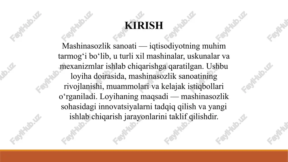 reja 7.1. xarajatlar • ishlab chiqarish xarajatlari (xom ashyo, ish haqi, energiya). • marketing va reklama xarajatlari. 7.2. daromad prognozi • mahsulot sotishdan olinadigan daromadlarni hisoblash. • investitsiya qaytishini tahlil qilish. xulosa ushbu loyiha mashinasozlik sanoatining hozirgi holatini tahlil qilib, uning rivojlanishi uchun zarur bo‘lgan innovatsion yondashuvlarni taklif etadi. mashinasozlik sanoati nafaqat iqtisodiy o‘sishga hissa qo‘shadi, balki yangi ish o‘rinlari yaratishga ham yordam beradi. takliflar • innovatsion g‘oyalarni doimiy ravishda izlash va joriy etish. • mijozlardan fikr olish va ularni hisobga olish. • raqobatchilar bilan doimiy monitoring o‘tkazish va bozor tendensiyalarini kuzatish. ushbu loyiha orqali siz mashinasozlik sanoatining muhim jihatlarini o‘rganishingiz va uni rivojlantirish uchun yangi g‘oyalarni ishlab chiqishingiz mumkin. e’tiboringiz uchun rahmat image2.png image3.png image4.png image5.png image6.png /docprops/thumbnail.jpeg