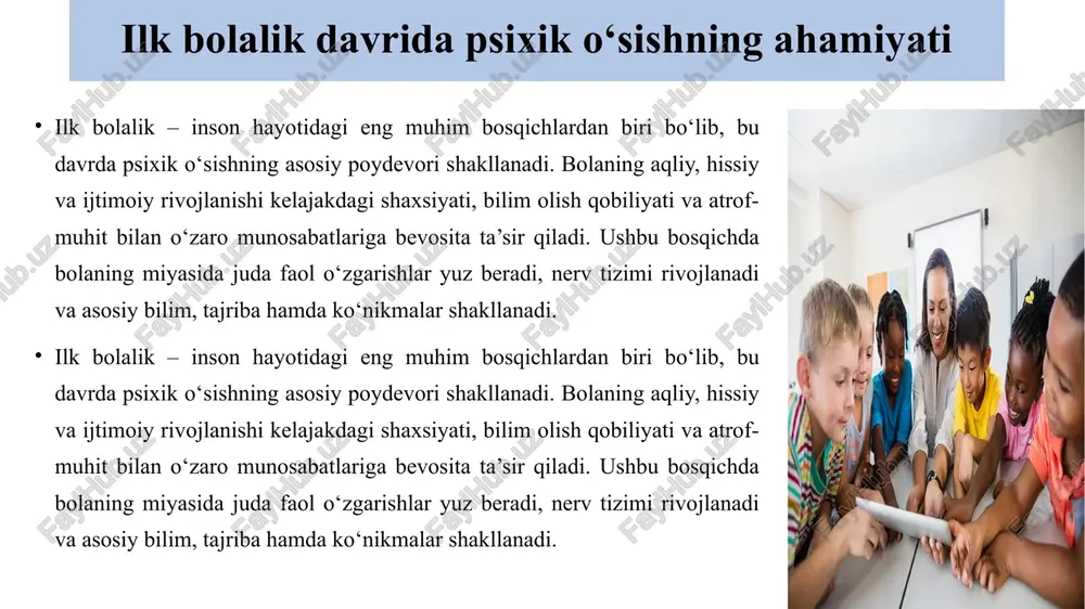 ‘lgan davrni o‘z ichiga oladi. bu yosh oralig‘ida bolaning asab tizimi, sezgilari va ongli faoliyati shakllanib, kelajakdagi rivojlanishi uchun mustahkam asos yaratiladi. jismoniy o‘sish jarayoni bu davrda juda tez kechadi. tug‘ilgan chaqaloq dastlab reflekslarga asoslangan harakatlar bilan dunyoni idrok etsa, vaqt o‘tishi bilan harakat koordinatsiyasi rivojlanib, avval qo‘l-oyoqlarini erkin harakatlantirish, keyinchalik emaklash, o‘tirish va yurish kabi ko‘nikmalar shakllanadi. sensor tizimlarning rivojlanishi orqali bola tashqi muhit bilan faol aloqa o‘rnatadi, buyumlarning shakli, rangi va ularning xususiyatlarini o‘rganadi. psixik rivojlanish ham bu bosqichda sezilarli darajada faollashadi. bola atrof-muhitdagi o‘zgarishlarni kuzatish, eslab qolish va o‘rganish qobiliyatini rivojlantiradi. dastlab onaning ovozini, keyinchalik esa boshqa yaqin kishilarning yuz ifodalarini, imo-ishoralarini taniy boshlaydi. hissiy bog‘liqlik va xavfsizlik hissi bola psixikasining barqaror shakllanishida katta ahamiyatga ega. nutq va muloqot jarayonlari ham ilk bolalik davrida shakllanadi. tug‘ilgan chaqaloq faqat tovush chiqarish orqali o‘z ehtiyojlarini ifodalasa, keyinchalik so‘zlarni anglash va talaffuz qilish qobiliyatiga ega bo‘la boshlaydi. bir yoshga yaqin …
