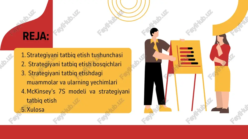 lar aniqlanadi ish bajarilish muddatlari belgilanadi 4. xodimlarni jalb qilish va motivatsiya strategiyaning muvaffaqiyatli amalga oshirilishi uchun xodimlarning qo‘llab-quvvatlashi va ishtiroki muhim. shu sababli: xodimlarga strategiyaning maqsadi tushuntiriladi motivatsion dasturlar ishlab chiqiladi o‘quv va rivojlantirish dasturlari yo‘lga qo‘yiladi 5. monitoring va baholash strategiyani amalga oshirish jarayoni doimiy nazorat va tahlil talab qiladi. monitoring va baholash quyidagilarni o‘z ichiga oladi: strategiyaning bajarilish holatini kuzatish ko‘rsatkichlar asosida natijalarni baholash kamchiliklarni aniqlash va kerakli o‘zgarishlarni kiritish strategiyani amalga oshirishdagi muammolar va ularning yechimlari 1. noaniq yoki noto‘g‘ri belgilangan maqsadlar muammo: ba’zan strategiya aniq maqsadlarsiz ishlab chiqiladi yoki umumiy tushunchalar asosida tuziladi, bu esa uning ijrosini qiyinlashtiradi. yechim: smart tamoyili (specific, measurable, achievable, relevant, time-bound) asosida aniq maqsadlar belgilash strategiyani barcha manfaatdor tomonlarga tushunarli qilib taqdim etish asosiy natija ko‘rsatkichlarini (kpi) belgilash 2. resurslarning yetishmovchiligi muammo: moliyaviy, insoniy yoki texnologik resurslarning yetishmovchiligi strategiyaning samarali amalga oshirilishiga to‘sqinlik qiladi. yechim: resurslarni to‘g‘ri taqsimlash va ustuvor …