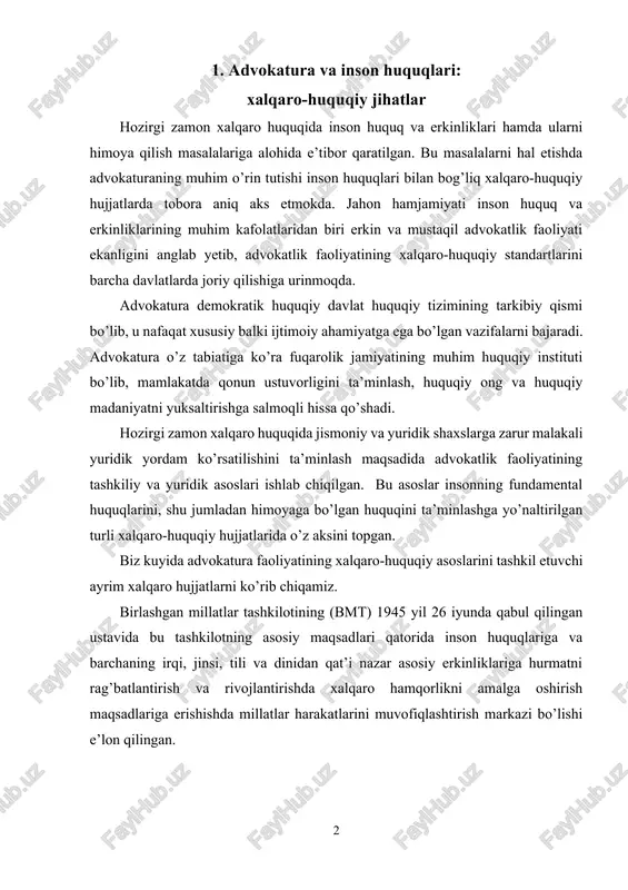 oshirish maqsadlariga erishishda millatlar harakatlarini muvofiqlashtirish markazi bo’lishi e’lon qilingan. bmt ustavining 55-moddasiga ko’ra tashkilot xalqaro iqtisodiy va ijtimoiy hamkorlik sohasidagi faoliyatida inson huquqlari va asosiy erkinliklariga yalpi hurmat bilan qarash va ularga rioya qilishga ko’maklashadi. bmtning iqtisodiy va ijtimoiy kengashi inson huquqlariga va hammaning asosiy erkinliklariga ehtirom va rioya qilishni rag’batlantirish maqsadida tavsiyalar beradi hamda inson huquqlarini rag’batlantirish bo’yicha komissiyalar tuzadi (ustavning 62, 68-moddalari). bmtning ustavi inson huquq va erkinliklarini himoya qilish borasidagi halqaro-huquq rivojlanishining asosini tashkil etadi. inson huquqlari umumjahon deklaratsiyasi bmt tomonidan 1948 yil 10 dekabrda qabul qilingan bo’lib, unda insonning eng asosiy huquq va erkinliklarini ta’minlash “barcha davlatlar bajarishga intilishi lozim bo’lgan vazifa” sifatida e’lon qilindi. deklaratsiya barchaning qonun bilan teng himoya qilinish huquqi, aybsizlik prezumpsiyasi, buzilgan huquqlarini sud tomonidan samarali tiklanishi va boshqa shu kabi prinsiplarni e’lon qilish bilan birga, himoyaga bo’lgan kafolatlarni ham nazarda tutadi. fuqarolik va siyosiy huquqlar to’g’risidagi xalqaro pakt bmt bosh …