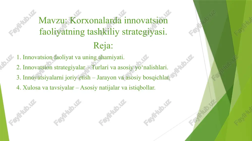 i innovatsion strategiya nima? innovatsion strategiya – bu korxonaning o‘z mahsulotlari, xizmatlari va biznes jarayonlarini takomillashtirish yoki yangilash yo‘lidagi rejasi. u kompaniyaning bozor talablariga moslashishiga, raqobatda ustunlikka erishishiga va barqaror rivojlanishiga yordam beradi. asosiy innovatsion strategiyalar 1. proaktiv (oldindan harakat qiluvchi) strategiya korxona doimiy ravishda yangiliklarni yaratadi va bozorda yetakchi bo‘lishga intiladi. misol: apple har doim yangi texnologiyalarni birinchilardan bo‘lib joriy etadi (face id, airpods). 2. reaktiv (javob beruvchi) strategiya korxona bozordagi o‘zgarishlarga moslashib, raqobatchilar harakatiga javob beradi. misol: samsung katlanadigan smartfonlar ishlab chiqishda huawei va boshqa kompaniyalar bilan raqobatga kirdi. 3. mukammallashtiruvchi strategiya mavjud mahsulot va jarayonlarni yaxshilashga qaratilgan. misol: toyota avtomobil dvigatellarini yildan-yilga mukammallashtirib, yoqilg‘i sarfini kamaytiradi. 4. radikal (inqilobiy) innovatsion strategiya to‘liq yangi texnologiya yoki mahsulot yaratish. misol: spacex qayta ishlatiladigan raketalar ishlab chiqdi va kosmik sayohatni arzonlashtirishga harakat qilmoqda. qaysi strategiya eng samarali? har bir korxona o‘z imkoniyatlari va bozor holatiga qarab mos strategiyani tanlashi kerak. …