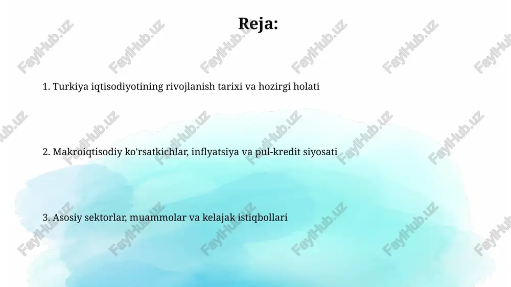 ʻymaslikka harakat qiladi. davlat qarzi va byudjet siyosati turkiyaning davlat qarzi yalpi ichki mahsulotning (yaim) sezilarli qismini tashkil etadi, 2023-yilda taxminan 35% ni tashkil etadi, bu esa byudjet siyosatiga bosim o'tkazadi va fiskal intizomni talab qiladi. byudjet siyosati inflyatsiyani nazorat qilish va iqtisodiy o'sishni qo'llab-quvvatlash o'rtasida muvozanatni saqlashga qaratilgan, bunda xarajatlarni optimallashtirish va soliq islohotlari muhim rol o'ynaydi. bank sektori: tuzilma, faoliyat va muammolar turkiya bank sektorida davlat banklari, xususiy banklar va xorijiy banklar mavjud boʻlib, aktivlarning taxminan 60 foizi yirik 5 ta bankka toʻgʻri keladi. sektor aktivlari yaimning 130 foizidan ortigʻini tashkil etadi, ammo kreditlash surʼati inflyatsiya va siyosiy noaniqlik tufayli pasaygan, npl darajasi esa 4 foizga yaqin. sarmoyalar: ichki va xorijiy investitsiyalar turkiyaning to'g'ridan-to'g'ri xorijiy investitsiyalari 2023-yilda 10 milliard dollardan oshdi, bu asosan yevropa va yaqin sharq investitsiyalari hisobiga sodir bo'ldi. hukumat investitsiyalarni rag'batlantirish uchun soliq imtiyozlarini taqdim etmoqda. ichki investitsiyalar turkiyada infratuzilma loyihalarini, jumladan, yangi aeroportlar va …