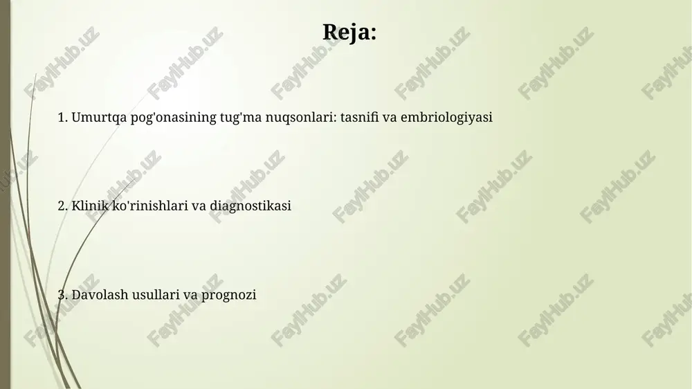 sishi yoki chuqurchalar bo'lishi mumkin, ammo mrt orqali tasdiqlanadi. davolash usullari konservativ davolash usullari orasida fizioterapiya, erta yoshdan boshlab qo'llaniladigan maxsus mashqlar va vertebral ustunni qo'llab-quvvatlash uchun mo'ljallangan korsetlardan foydalanish mumkin. jarrohlik amaliyotlari og'ir holatlarda, masalan, orqa miya siqilishi yoki deformatsiya kuchayganda qo'llaniladi va maqsad orqa miyani himoya qilish hamda umurtqa pog'onasini barqarorlashtirishdir. prognoz va asoratlar spinal anomaliyalarning prognozi bemorning yoshiga, deformatsiyaning og'irligiga va nevrologik buzilishlarning mavjudligiga qarab juda o'zgaruvchan bo'lishi mumkin, 50%dan ko'prog'ida operatsiya talab etiladi. kifoz yoki skolioz kabi tuzatib bo'lmaydigan deformatsiyalar nafas olish funktsiyasining buzilishiga olib kelishi mumkin, og'ir hollarda o'pka hajmi 30% gacha kamayishi kuzatiladi. xulosa xulosa shuni ko'rsatadiki, orqa miya tug'ma nuqsonlarini erta tashxislash erta davolash imkonini beradi, bu esa prognoz va hayot sifatini yaxshilaydi. genetik maslahatlashuv va prenatal skrining orqa miya nuqsonlari xavfini kamaytirishda muhim rol o'ynaydi, kelajakda 10-20% holatlarda oldini olish mumkin. e'tiboringiz uchun rahmat image1.png image2.jpg image3.jpg image4.jpg image5.jpg image6.jpg image7.jpg image8.jpg …