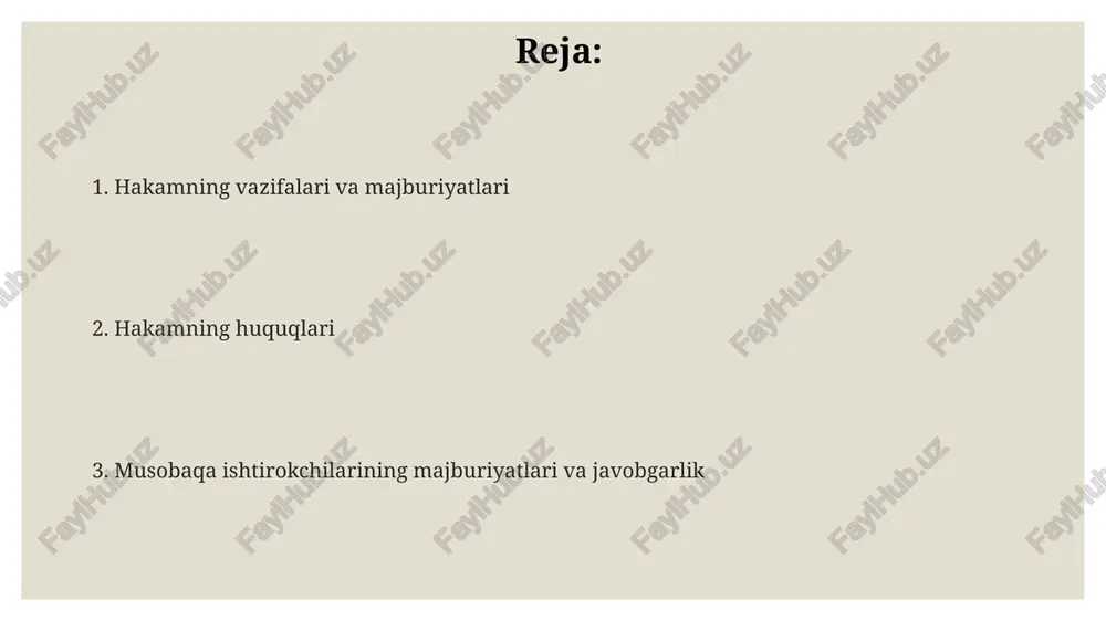 amlar o'yin maydonchasi va jihozlarni tekshirishi shart, fivb standartlariga muvofiqligini aniqlab, raqiblar ro'yxatini tekshirib, 20 daqiqa oldin yig'ilishga kelishi kerak. musobaqa davomida hakamlar barcha o'yin qoidalariga rioya qilishlari, hisobni aniq yuritishlari va bahsli vaziyatlarni zudlik bilan hal qilishlari shart. har bir setda qoidalarga qat'iy rioya etish kerak. musobaqadan so'ng, hakamlar o'yin natijalari bo'yicha to'liq hisobot tayyorlashlari, har qanday hodisalarni qayd etishlari va tashkilotchilarga topshirishlari kerak, so'ngra barcha hujjatlarni 24 soat ichida topshirishlari zarur. hakamning huquqlari hakam musobaqa tashkilotchilaridan o'yin davomida sportchilar, murabbiylar va tomoshabinlarning xavfsizligini ta'minlashni talab qilish huquqiga ega. xavfsizlik choralari ko'rilmaguncha o'yinni to'xtatish huquqi mavjud. hakam qaror qabul qilish huquqiga ega, shu jumladan o'yin qoidalarini buzgan o'yinchilarga sariq yoki qizil kartochka ko'rsatish orqali jarima qo'llash huquqiga ega. hakam o'z vazifasini bajarish davomida hurmatga loyiqdir. musobaqa tashkilotchilari hakamning obro'sini himoya qilish, unga nisbatan bo'lgan har qanday tahdid yoki haqoratdan himoya qilishlari kerak. sportchilar, murabbiylar, tashkilotchilar va tomoshabinlarning majburiyatlari tashkilotchilar …