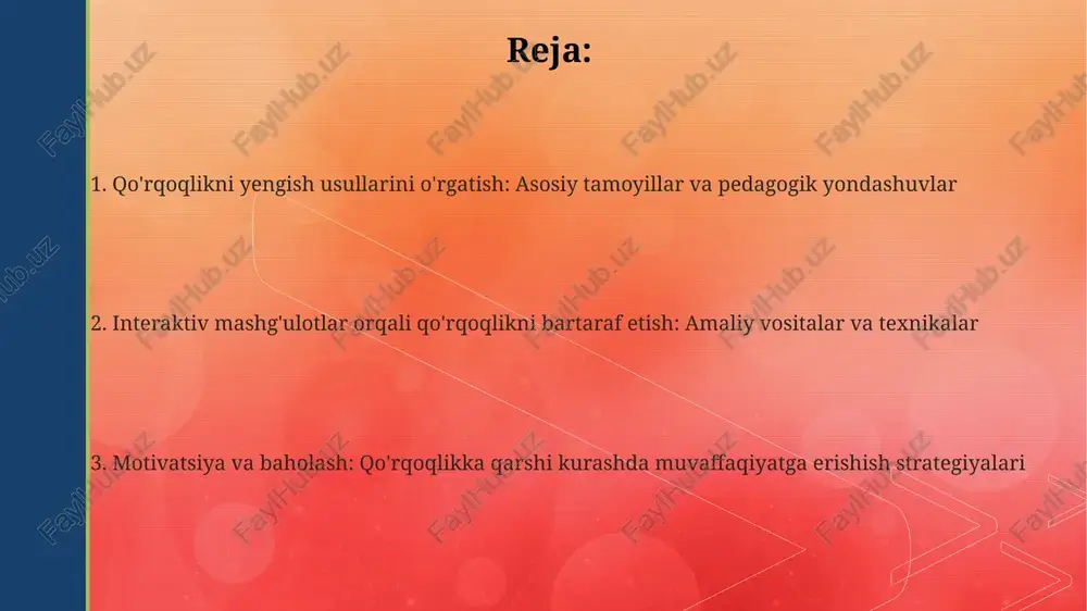 mashg'ulotlar, jumladan, 5 qadamli qiyinchiliklarni bartaraf etish topshiriqlari, talabalarga qo'rquvni yengish va ishonchni mustahkamlashda yordam beradi. jasorat darslarida motivatsiya va kommunikatsiya ko'nikmalari jasorat darslarida o'quvchilarni motivatsiya qilish uchun maqsad qo'yish bo'yicha smart tamoyillaridan foydalanish samarali. aniqlik, o'lchanuvchanlik, erishish mumkinligi, dolzarblik va vaqtga bog'liqlik motivatsiyani oshiradi. kommunikatsiya ko'nikmalarini rivojlantirishda 70/30 qoidasi qo'llaniladi: o'qituvchi 30% gapiradi, o'quvchilar 70%. bu faol tinglash va o'z fikrini bildirish imkoniyatini beradi. jasorat darslarida 'ijobiy tasdiqlash' usulidan foydalanish o'ziga ishonchni oshiradi. kuniga kamida 3 ta ijobiy so'zni o'ziga aytish, salbiy fikrlarni kamaytiradi va motivatsiyani kuchaytiradi. talabalarga individual va guruhiy yondashuvlar guruhiy yondashuvlar jamoaviy ishlarni kuchaytiradi, 5 dan 7 gacha talabadan iborat guruhlar birgalikda loyihalarni hal qilishadi va 3 xil kommunikatsiya uslubini o'rganishadi. individual yondashuv talabalarning 1 ga 1 ehtiyojlarini qondiradi, ularning noyob qobiliyatlarini aniqlaydi va 2 yoki 3 o'quv strategiyasi orqali shaxsiy maqsadlarga erishishga yordam beradi. ikkala yondashuvni muvozanatlash muhim, 60% individual darslar va 40% guruh darslari …