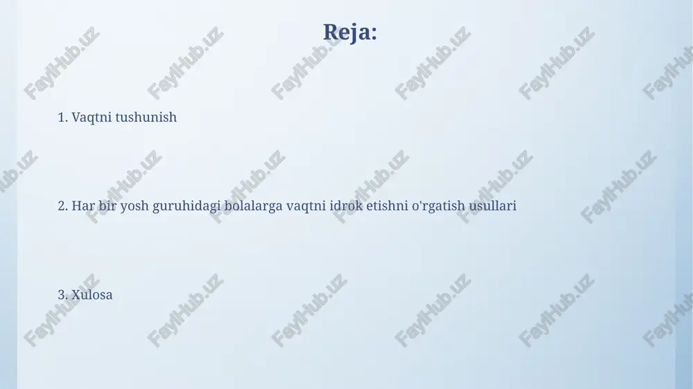 rtalab soat 8:00 da', bu vaqtning ketma-ketligini vizual ravishda ko'rsatadi. boshlang'ich maktab (6-8 yosh) 6-8 yoshdagi bolalar soat va daqiqalarni tushunishni boshlashadi. ularga kunning 24 soatdan iborat ekanligini va har bir soatda 60 daqiqa borligini tushuntirish muhim. boshlang'ich sinf o'quvchilari uchun vaqtni o'rgatishda analog soatlardan foydalanish samaraliroq. bu ularga vaqtning vizual tasvirini ko'rishga va uni tushunishga yordam beradi. o'rta maktab (9-11 yosh) o'rta maktab o'quvchilari uchun 1 daqiqa, 5 daqiqa va 10 daqiqalik oraliqlarni tushuntirishda, real hayotiy vaziyatlardan foydalanish orqali vaqtni his qilishni rivojlantirish muhim. 9-11 yoshdagi bolalarga dars jadvali tuzish, uy vazifalarini bajarish uchun vaqt ajratish vaqtni rejalashtirish ko'nikmalarini shakllantirishga yordam beradi. soatdan foydalanishni o'rgatish bolalarga soatdan foydalanishni o'rgatishda dastlab, raqamli soatlardan boshlash, 00 dan 59 gacha bo'lgan daqiqalarni tushuntirish maqsadga muvofiqdir. analog soatlarni o'rgatishda, soat va minut strelkalarini farqlash, 1 dan 12 gacha bo'lgan raqamlarni tushunish muhim, har bir raqam 5 daqiqani anglatishini tushuntiring. analog soatni tushunish analog …