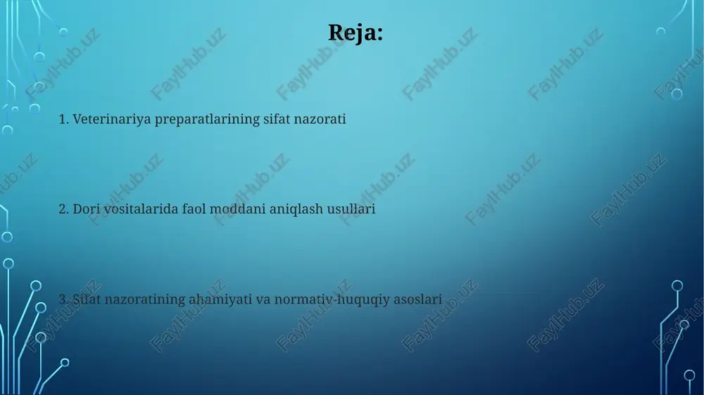 oslanib, 200-800 nm to'lqin uzunligidagi yutilishni o'lchaydi. spektrofotometrik usullar faol moddaning standart eritmasi yordamida kalibrlash egri chizig'ini tuzishni talab etadi, bu esa tahlilning aniqligi uchun juda muhimdir. xromatografik usullar (hplc, gc) hplc usuli 254 nm uv detektor yordamida analitik aniqlikni ta'minlaydi, ayniqsa,veterinariya preparatlarida faol moddalarni miqdoriy aniqlash uchun samaralidir. gaz xromatografiyasi (gc) uchuvchan organik birikmalarni ajratishda yuqori aniqlikni ta'minlaydi, odatda 0.1% gacha bo'lgan nopokliklarni aniqlash uchun qo'llaniladi. elektroforez usullari elektroforez usullari zaryadlangan molekulalarni elektr maydonida ajratadi, bu molekulalarning zaryadi va oʻlchamiga bogʻliq harakat tezligiga asoslanadi, ayniqsa dori vositalaridagi peptidlar uchun. kapillyar elektroforez (ce) yuqori aniqlikdagi ajratishni ta'minlaydi, millimetr o'lchamdagi kapillyarlardan foydalanadi va dori vositalarining tarkibidagi faol moddalarni aniqlashda 10e-6 mol/l gacha sezgirlikka erishiladi. immunokimyoviy usullar (elisa) elisa usuli antitelolar va antijenlar oʻrtasidagi spetsifik bogʻlanishga asoslangan boʻlib, dori vositasidagi aktiv moddaning konsentratsiyasini aniqlashda yuqori sezuvchanlikni taʼminlaydi. immunokimyoviy usullar, jumladan elisa, dori tarkibidagi oqsillar yoki boshqa murakkab molekulalarni miqdoriy aniqlash uchun ishlatiladi, …