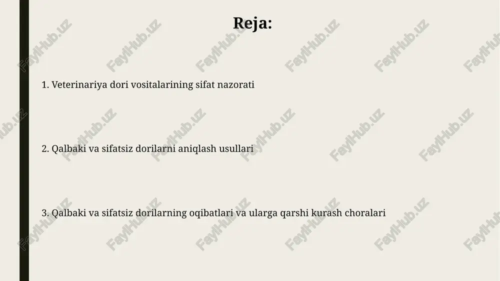 identifikatsiyasi, tozaligi, potentsiali va barqarorligini aniqlash uchun turli analitik test usullarini, masalan hplc va spektrofotometriyani o'z ichiga oladi. farmakopeya standartlari va ularning roli farmakopeya standartlari dori vositalarining sifatini ta'minlashda muhim rol o'ynaydi, ularning tarkibi, tozaligi va biologik faolligi bo'yicha aniq talablarni belgilaydi. farmakopeya standartlari dori vositalarining ishlab chiqarilishi, sinovdan o'tkazilishi va saqlanishi bo'yicha umumiy qoidalarni o'z ichiga oladi, bu esa 21 cfr part 210 va 211 ga muvofiq amalga oshiriladi. veterinariya preparatlarini ishlab chiqarishda sifatni ta'minlash (gmp) gmp veterinariya preparatlarini ishlab chiqarishda xatoliklarni minimallashtirish, 100% sifati uchun xavfsizligi va samaradorligini kafolatlaydi. sifat nazorati iso 9001 standartlari va gmp talablari asosida amalga oshiriladi, bu 0 dan 100 gacha bo'lgan parametrlar bo'yicha baholashni o'z ichiga oladi. sifat nazorati laboratoriyasi: jihozlar va uskunalar sifat nazorati laboratoriyalari yuqori aniqlikdagi hplc (yuqori samarali suyuqlik xromatografiyasi) tizimlari bilan jihozlangan bo'lib, faol moddalarni 0.001% aniqlikda miqdoriy aniqlash imkonini beradi. uv-vis spektrofotometrlari 200 nm dan 800 nm gacha …