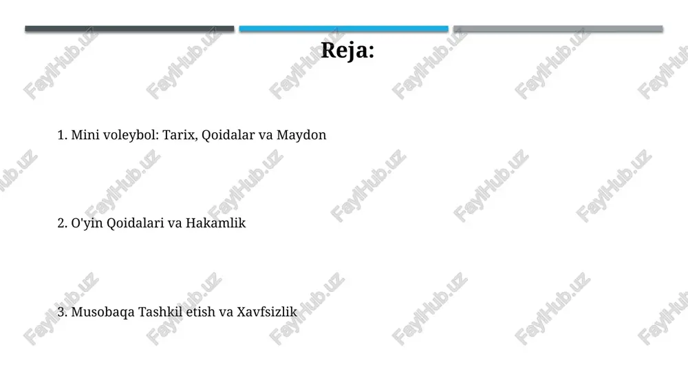 i. mini voleybolda servis to'g'ridan-to'g'ri raqib maydoniga tushishi kerak; agar u to'rga tegsa va o'tib ketsa, xato hisoblanadi va raqib jamoaga 1 ochko beriladi. o'yin qoidalari: to'pni o'ynash har bir jamoaga to'pni raqib maydoniga qaytarish uchun uchta imkoniyat beriladi; blok bu imkoniyatlardan biri sifatida hisoblanmaydi. uch martadan ortiq urinish qoidabuzarlik hisoblanadi. o'yinchi to'pni ketma-ket ikki marta ura olmaydi, ammo blokdan so'ng birinchi urinish qoidasi buzilmaydi. qoidaga rioya qilmaslik jarima ochkosiga olib keladi. o'yin qoidalari: ball hisoblash mini voleybolda ochko hisoblash odatda ralli ochko tizimida amalga oshiriladi, bunda har bir ralli, servisga qaramasdan, ochko bilan yakunlanadi va jamoa 25 ochko yig'ishi kerak. agar hisob 24-24 bo'lsa, jamoa 2 ochkolik farq bilan g'alaba qozonguncha o'yin davom etadi, masalan, 26-24 yoki 27-25 va hokazo, lekin odatda 30 dan oshmaydi. rotatsiya qoidalari mini voleybolda rotatsiya qoidalari odatda oltita pozitsiya atrofida soat yo'nalishi bo'yicha harakatlanishni o'z ichiga oladi, bu esa har bir o'yinchi oldingi qatorda …