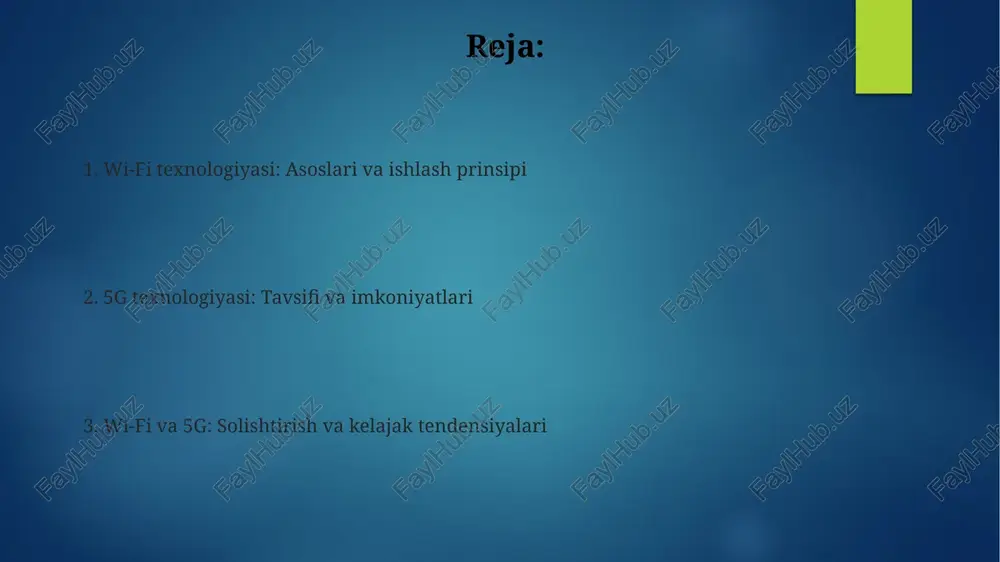 sanoat avtomatlashtirish va iot uchun muhim ahamiyatga ega, 1 ms kechikish bilan. wi-fi esa uy va ofis tarmoqlarida 10 ms kechikish bilan keng qo'llaniladi. e'tiboringiz uchun rahmat image6.png image2.png image3.png image4.png image5.png