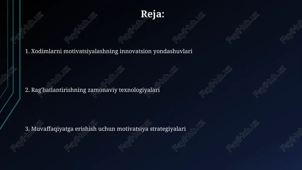 i, bu esa 5 yildan ortiq muddatga bog'liqlikni ta'minlaydi. kasbiy o'sish va rivojlanish imkoniyatlari 360 gradusli baholash tizimi xodimlarga o'zlarining kuchli va zaif tomonlarini aniqlashga yordam beradi, shuningdek, rivojlanish rejasini tuzish uchun 90 kunlik dastur taklif etadi. mentorlik dasturlari orqali tajribali xodimlar yangi xodimlarga yo'l-yo'riq ko'rsatadi, bu esa o'zaro fikr almashinuvini ta'minlaydi va 6 oylik rivojlanish maqsadlarini belgilashga yordam beradi. kompaniya ichida 20 foizlik vaqtni yangi loyihalarni o'rganishga yoki o'z sohangizdagi yangi texnologiyalarni o'rganishga sarflash imkoniyati, bu esa innovatsion g'oyalarni rag'batlantiradi. tan olish va qadrlash raqamli texnologiyalar orqali minnatdorchilik platformalari yaratish, real vaqt rejimida xodimlarning erishgan natijalari uchun doimiy e'tirof berish imkonini beradi, samaradorlikni 15 foizga oshiradi. xodimlarning muvaffaqiyatlarini 360 gradusli baholash tizimi orqali tan olish, har bir xodimning hissasi qanchalik qadrlanishini aniq ko'rsatadi. bu shaffoflik motivatsiyani oshiradi. har chorakda eng yaxshi xodimni aniqlash va unga qo'shimcha 10 foiz bonus berish, boshqa xodimlarni ham rag'batlantirib, motivatsiyani oshirishga yordam beradi. moslashuvchan …