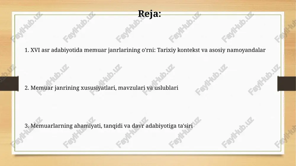 adi. memuarlarning tarixiy va madaniy ahamiyati: jamiyatga ta'siri memuarlar 16-asr jamiyatining kundalik hayoti, urf-odatlari va qadriyatlarini aks ettirib, o'sha davr madaniyatining boy tasvirini yaratadi, ijtimoiy tuzilishni tushunishga yordam beradi. o'sha davr memuarlari siyosiy voqealarga shaxsiy nuqtai nazardan yondashib, hukmdorlar, urushlar va davlat boshqaruvining jamiyatga ta'sirini tasvirlaydi, bu esa tarixni chuqurroq anglash imkonini beradi. memuarlarning qabul qilinishi, tanqidi va bahsliligi 16-asr memuarlari ko'pincha siyosiy sabablarga ko'ra tanqid qilingan, hukmron doiralar uchun nomaqbul bo'lgan voqealarning 20 foizi muallifning o'z nuqtai nazarida aks etgan. ba'zi memuarlar badiiy to'qimalarni qo'shgani uchun bahsga sabab bo'lgan, faktlarning 30 foizi noaniq bo'lib, tarixiy aniqlik nuqtai nazaridan shubha ostiga olingan. memuarlarning boshqa janrlar bilan o'zaro ta'siri va kelajak tadqiqotlari 16-asr memuarlari tarixiy hikoyalar bilan chambarchas bog'liq, ko'pincha tarixshunoslikka shaxsiy tajribalar va kuzatishlar qo'shib, ikki janr o'rtasida o'zaro ta'sirni keltirib chiqaradi. memuarlarning she'riyat bilan o'zaro ta'siri shaxsiy refleksiyalar va hissiy ifodalarning qo'llanilishida namoyon bo'ladi, bu tadqiqotlar uchun yangi yo'nalishlarni …