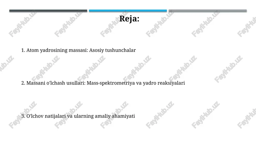 va zaryadiga (m/z) koʻra ajratadi, bu ularning harakat trayektoriyasiga magnit va elektr maydonlari orqali taʼsir etish orqali amalga oshiriladi. asosiy tamoyil ionlarni yaratish (ionlashtirish), ularni m/z nisbatiga koʻra ajratish (mass-analiz), va detektor yordamida ajratilgan ionlarning miqdorini oʻlchashdan iboratdir. mass-spektrometrlarning turlari (sektor magnit, vaqt-uchish, ion siklotron rezonansi) sektor magnit mass-spektrometrlari ionlarni magnit maydonida og'ishini o'lchaydi, bu ularning zaryad-mass nisbatini aniqlash imkonini beradi. yuqori aniqlik uchun 10^-6 atom massa birligigacha erishiladi. vaqt-uchish (tof) mass-spektrometrlari ionlarning ma'lum masofani bosib o'tish vaqtini o'lchaydi; og'irroq ionlar sekinroq harakatlanadi. katta massalarni o'lchashda, masalan, 10000 daltondan yuqori biomolekulalar uchun juda mos. mass-spektrometrlarning qismlari va ishlash prinsipi mass-spektrometrlarning asosiy qismi ion manbai bo'lib, u yerda namunadagi atomlar ionlarga aylanadi, ularning zaryadlari 1+ dan 3+ gacha bo'lishi mumkin. magnit analizator ionlarni massasi va zaryad nisbatiga ko'ra ajratadi; og'irroq ionlar kattaroq radius bo'ylab harakatlanadi (r = mv/qb), b - magnit maydon kuchlanligi. ion manbalari: elektron zarbasi, kimyoviy ionlanish elektron zarbasi …