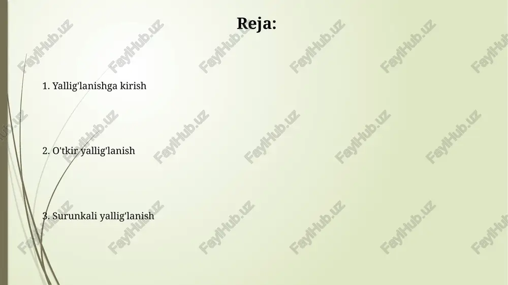 n biri bu **vascular permeability** (qon tomirlari o'tkazuvchanligi)ning tez oshishi, bu 1-2 soat ichida sodir bo'lib, suyuqlik va oqsillarning to'qimalarga kirishiga olib keladi. **neutrofillar** o'tkir yallig'lanishda hal qiluvchi rol o'ynaydi. ular yallig'lanish o'chog'iga 6-24 soat ichida yetib keladi va fagotsitoz orqali zararlangan to'qimalarni yo'q qiladi. surunkali yallig'lanish: ta'rif va asosiy tushunchalar surunkali yallig'lanish, o'tkir yallig'lanishdan farqli ravishda, uzoq muddat (6 oydan ortiq) davom etadi va to'qimalarning asta-sekin shikastlanishiga olib kelishi mumkin. asosiy tushunchalardan biri - bu granuloma hosil bo'lishi, bu immunitet hujayralarining yig'indisi bo'lib, infeksiya yoki begona moddani izolyatsiya qilishga urinadi. surunkali yallig'lanishning sabablari va mexanizmlari surunkali yallig'lanishda t-hujayralar va b-hujayralar ishtirok etadi, bu hujayralar antitelalar va sitokinlar ishlab chiqaradi, bu esa 1-toifa o'ta sezuvchanlik reaksiyalariga olib kelishi mumkin. ba'zi surunkali yallig'lanish sabablari, masalan, sil kasalligi, granulomalar hosil bo'lishiga olib keladi, bu granulomalar makrofaglar va boshqa immun hujayralarining to'planishi bilan tavsiflanadi. surunkali yallig'lanishning asosiy xususiyatlari surunkali yallig'lanishda immun hujayralari (limfotsitlar, …