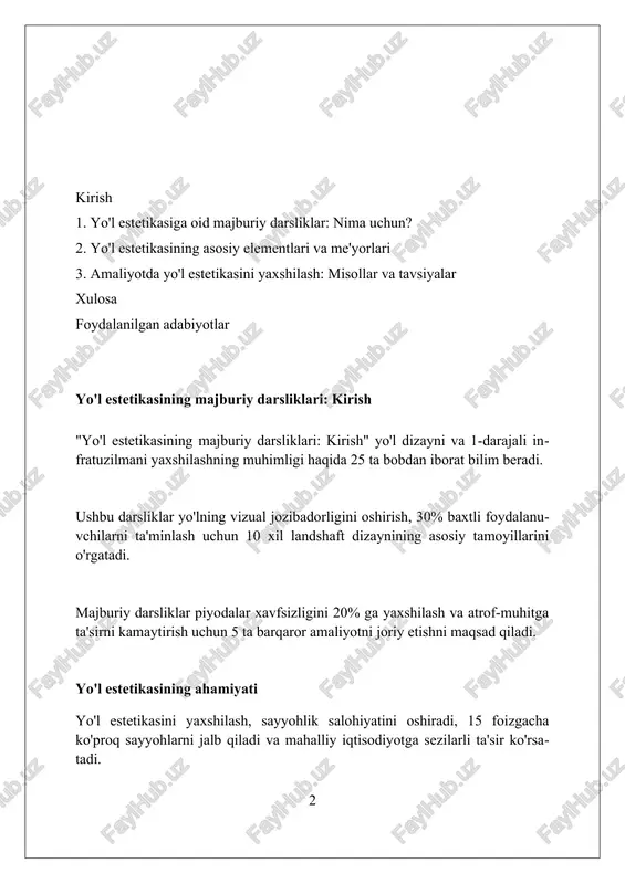 nida uyg'unlik va muvozanat yo'l dizaynida uyg'unlik, 60/30 qoida kabi nisbatlar orqali, elementlarning vizual bog'liqligini ta'minlaydi va keraksiz vizual shovqinni kamaytiradi. muvaffaqiyatli muvozanatga erishish uchun, yo'lning har bir tomonida vizual og'irlikni taqsimlash kerak, masalan, o'simliklar va 2 qatorli yo'llar orqali. ranglar palitrasi (masalan, 70/20/10 qoidasi) orqali muvozanat saqlash estetik jihatdan yoqimli muhit yaratadi, diqqatni jamlashga yordam beradi va xavfsizlikni oshiradi. ranglar va materiallarning roli ranglar 0 dan 1 gacha boʻlgan aks ettirish koeffitsientiga ega boʻlib, yorugʻlikni aks ettirish orqali koʻrish qobiliyatini oshiradi va yoʻl xavfsizligini taʼminlaydi. yorqin ranglar samaradorroq. materiallarning gʻadir-budir tuzilishi 0,5 dan yuqori ishqalanish koeffitsientini taʼminlaydi, bu avtomobillarning tormozlanish masofasini qisqartiradi va yoʻl harakati xavfsizligini yaxshilaydi. yoʻl materiallari ranglari va teksturalarining uygʻunligi vizual shovqinni kamaytiradi, haydovchilarning diqqatini jamlashga yordam beradi va yoʻlning umumiy estetik qulayligini oshiradi. ko'kalamzorlashtirish va o'simliklarning ahamiyati ko'kalamzorlashtirish 50%gacha haroratni pasaytirishi, 20-30% havo ifloslanishini kamaytirishi va o'simliklar 760 mlrd tonna uglerodni yutishi bilan ekotizimga katta …