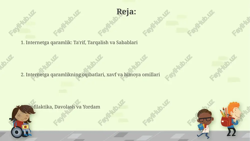 amida bir kunni internet va gadjetlardan butunlay voz kechib, oila, do'stlar bilan vaqt o'tkazishga yoki tabiat qo'ynida hordiq chiqarishga bag'ishlang. ota-onalar va maktablar uchun maslahatlar ota-onalar va maktablar 1-2-sinflardan boshlab media savodxonligini o'rgatishlari kerak, bolalar onlayn tahdidlar va noto'g'ri ma'lumotlar haqida bilishsin. ota-onalar farzandlarining ekran vaqtini kuniga 2 soatdan oshirmaslik uchun jiddiy nazorat o'rnatishlari, shuningdek, maktablar darsdan tashqari tadbirlarni ko'paytirishlari kerak. hukumatning rol'i va kelajakdagi tadqiqotlar hukumat internet qimor o'yinlari va zararli kontentga qarshi qonunlarni kuchaytirishi, 18 yoshgacha bo'lganlar uchun onlayn xavfsizlikni ta'minlash va psixologik yordam dasturlarini rivojlantirishi zarur. kelajakdagi tadqiqotlar miya faoliyatiga internetga qaramlikning uzoq muddatli ta'sirini o'rganishi, genetik moyillik va atrof-muhit omillarining rolini aniqlashi kerak. e'tiboringiz uchun rahmat image6.jpg image7.jpg image8.jpg image9.jpg image10.jpg image11.jpg image12.jpg image1.png